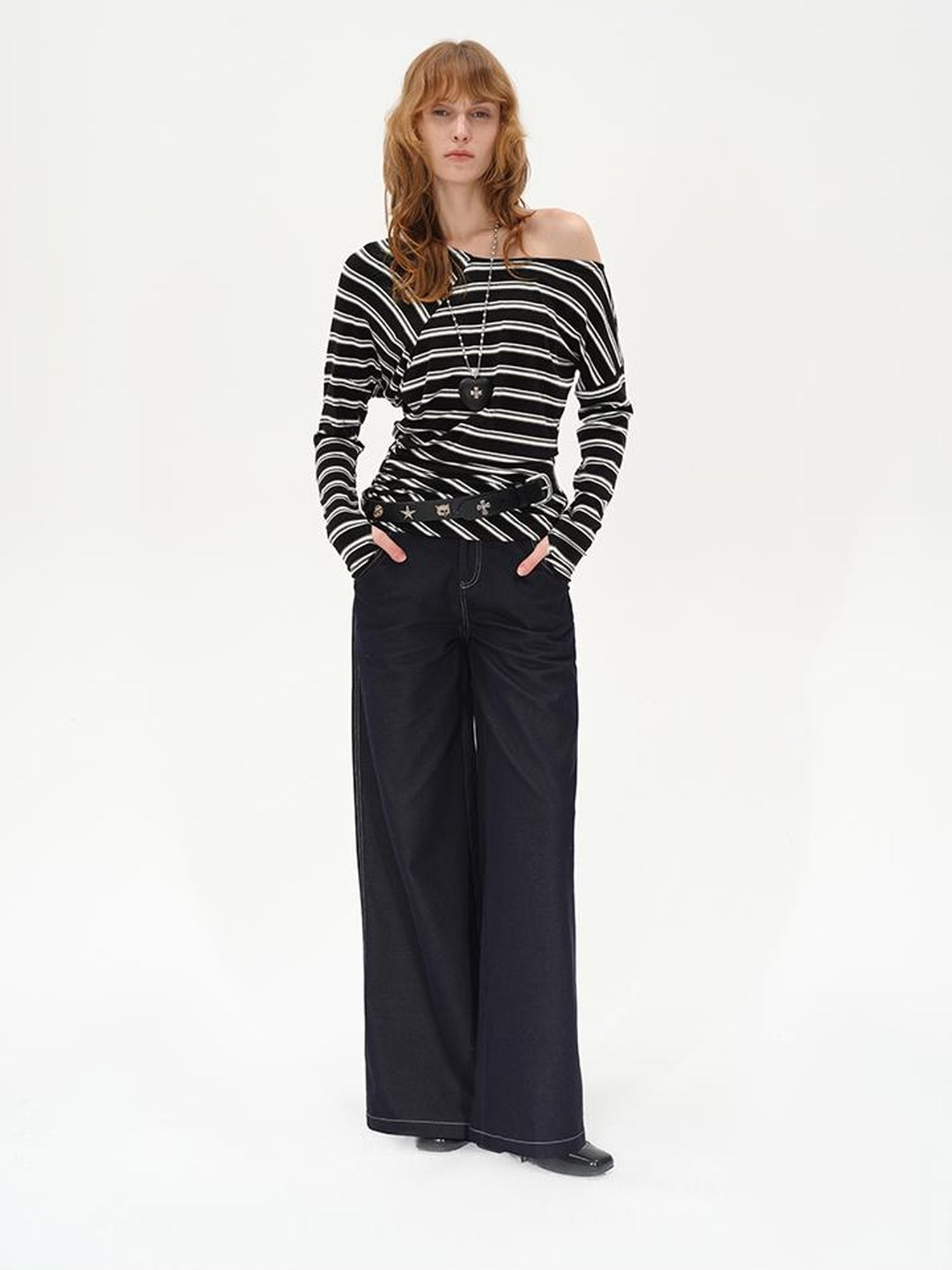 AFTADAWN Asymmetric Slash Neck Stripe Long Sleeve T-shirt