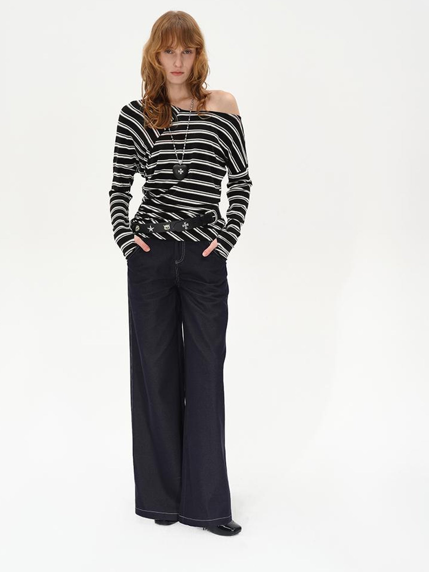 AFTADAWN Asymmetric Slash Neck Stripe Long Sleeve T-shirt