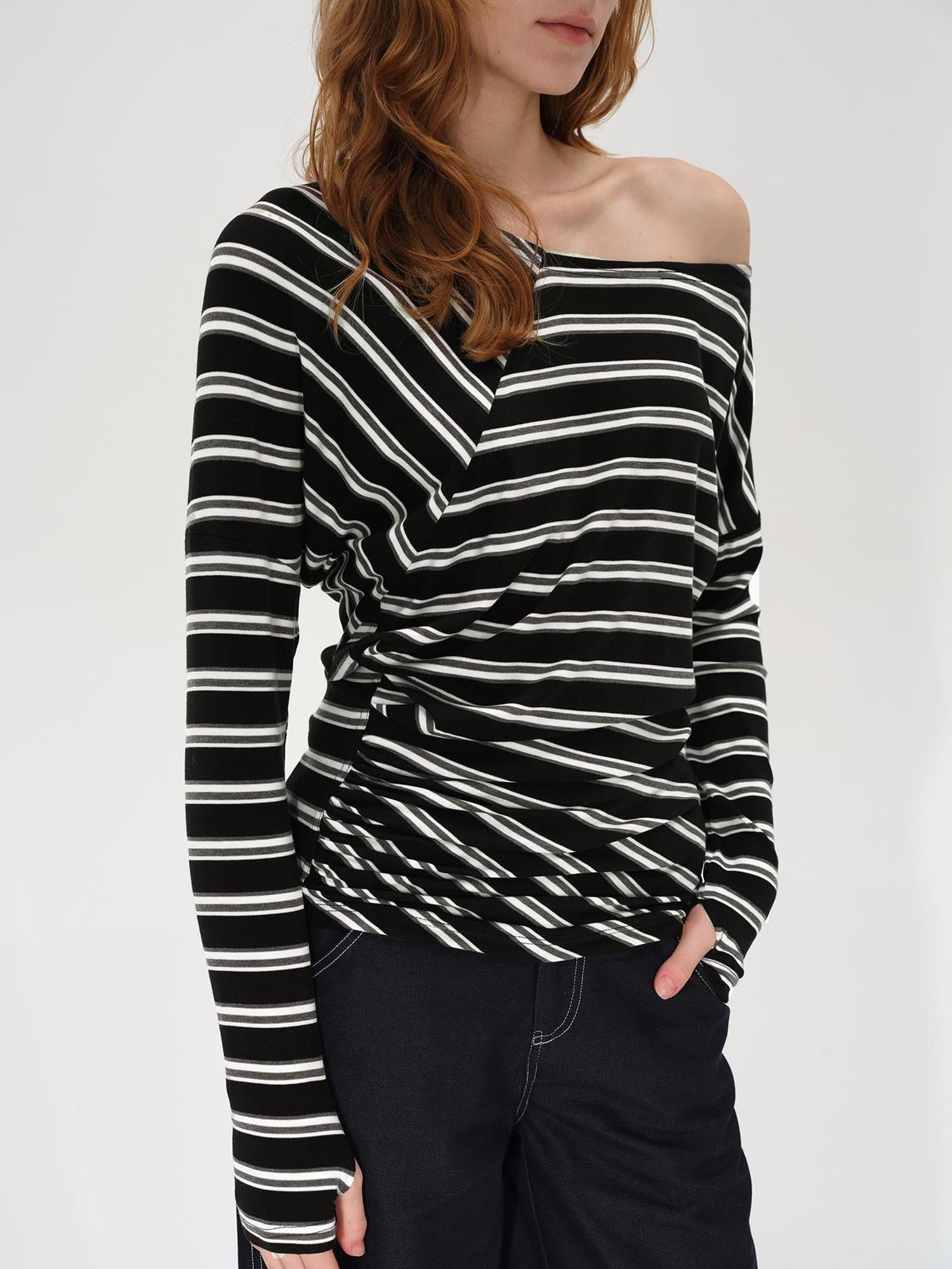 AFTADAWN Asymmetric Slash Neck Stripe Long Sleeve T-shirt