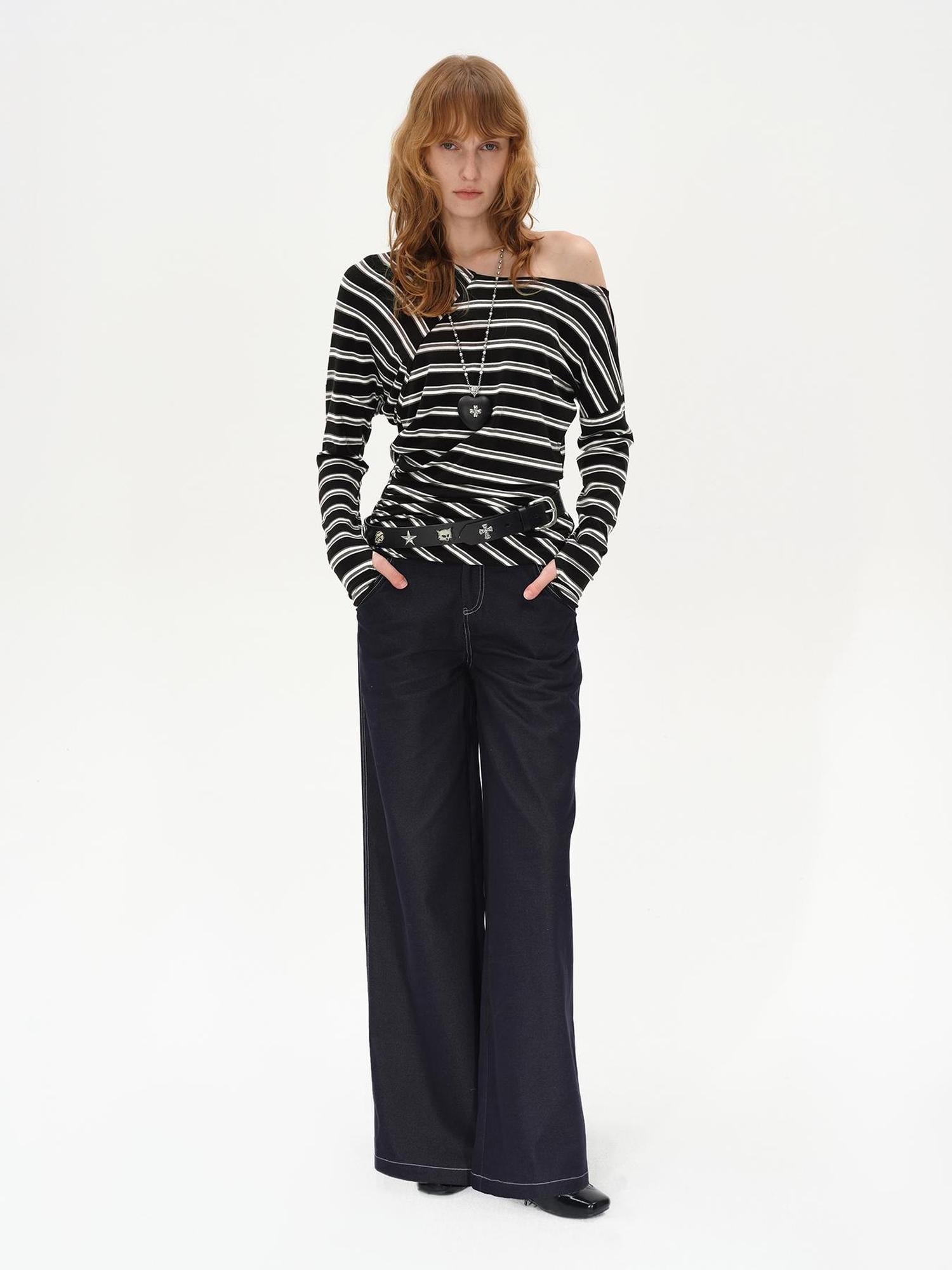AFTADAWN Asymmetric Slash Neck Stripe Long Sleeve T-shirt
