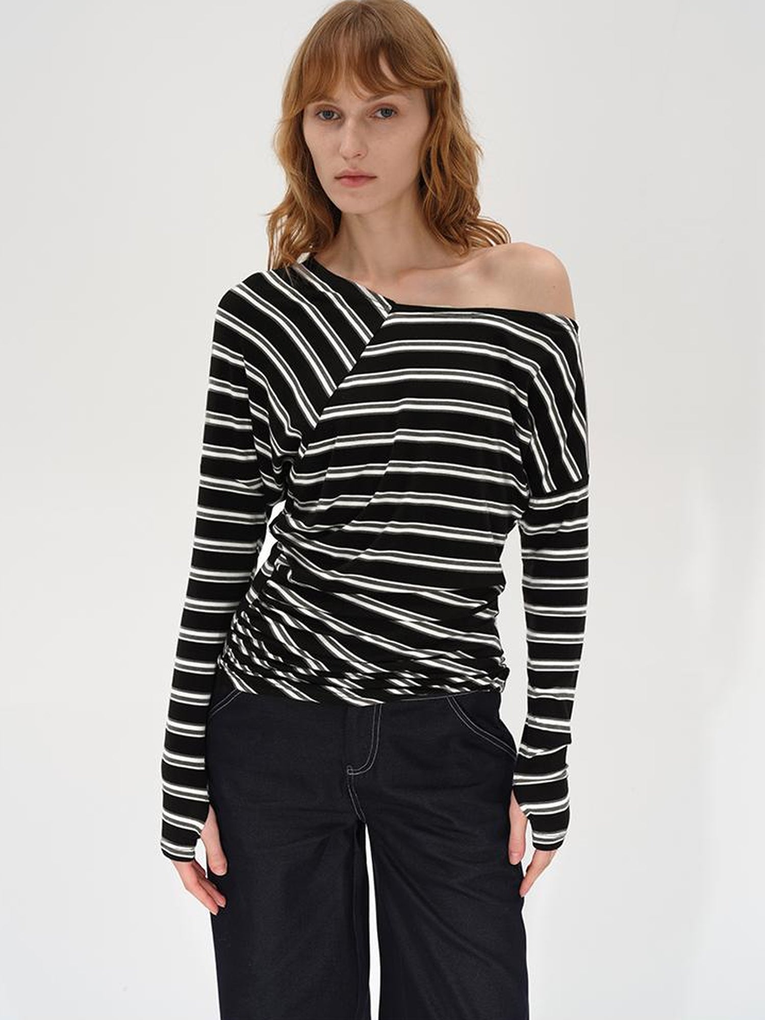 AFTADAWN Asymmetric Slash Neck Stripe Long Sleeve T-shirt