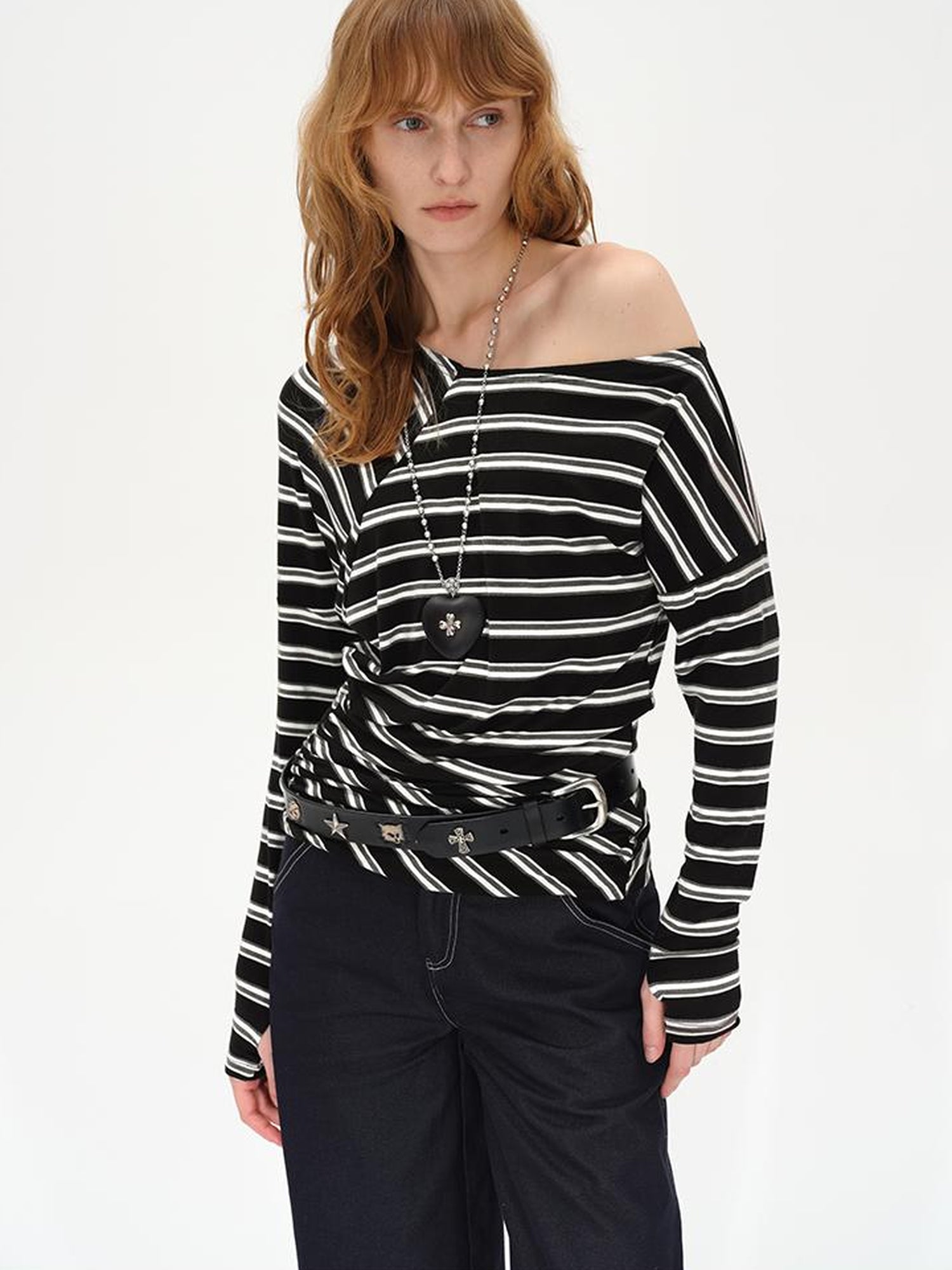 AFTADAWN Asymmetric Slash Neck Stripe Long Sleeve T-shirt