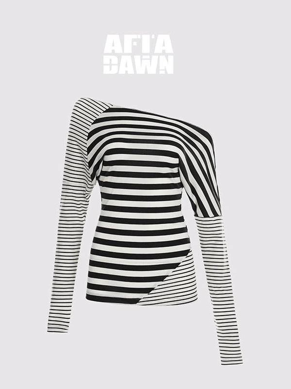 Asymmetric Stripe Contrast Slash Neck Fitted Top