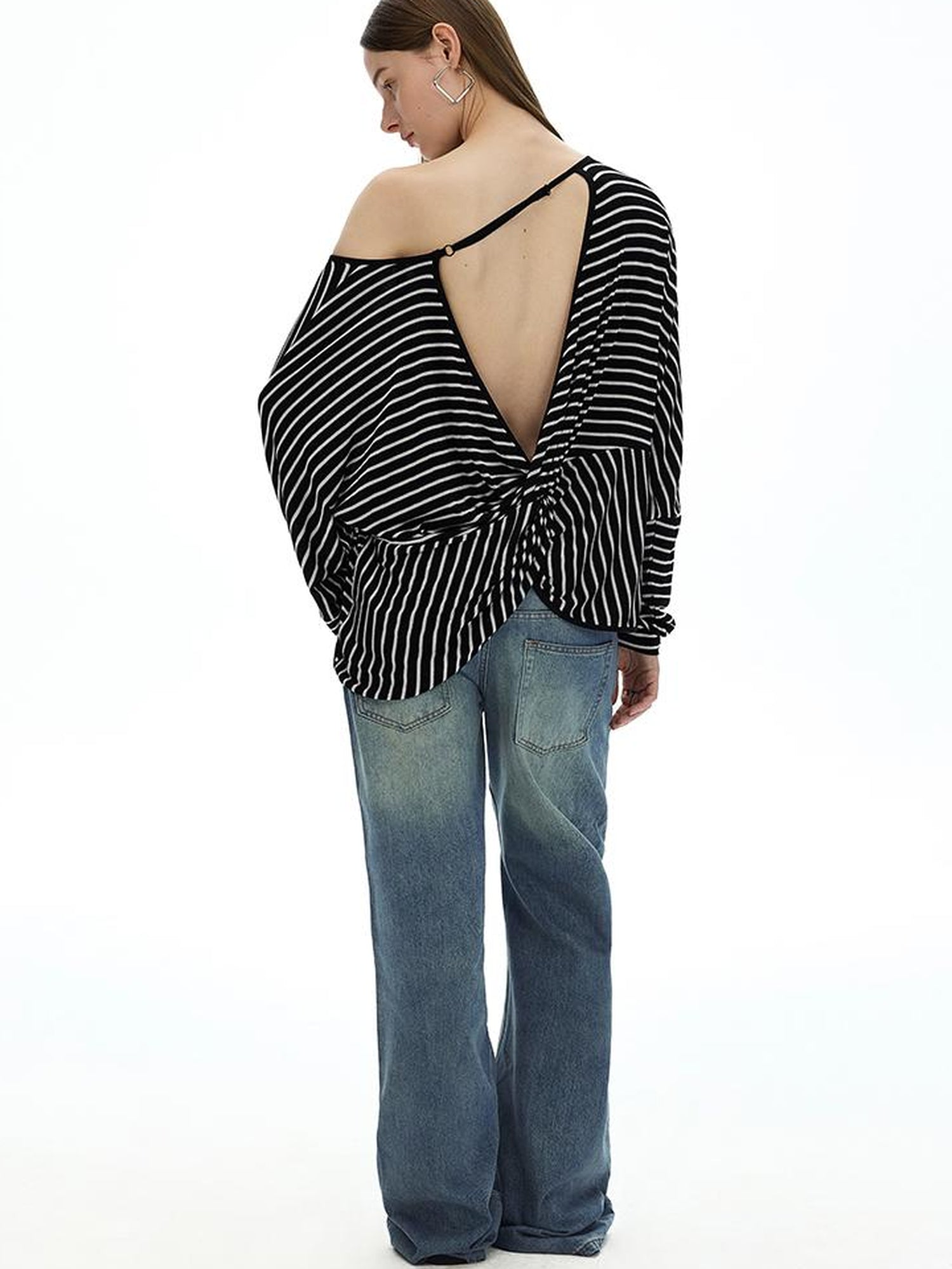 AFTADAWN Asymmetric Striped Slub Chiffon Backless Top
