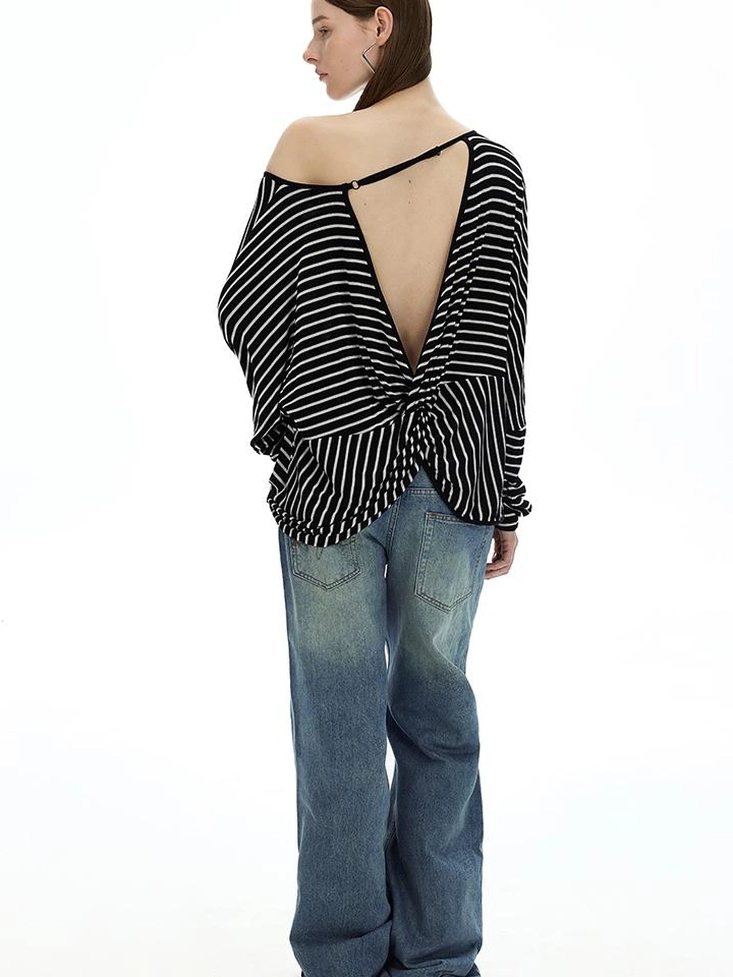 Asymmetric Striped Slub Chiffon Backless Top