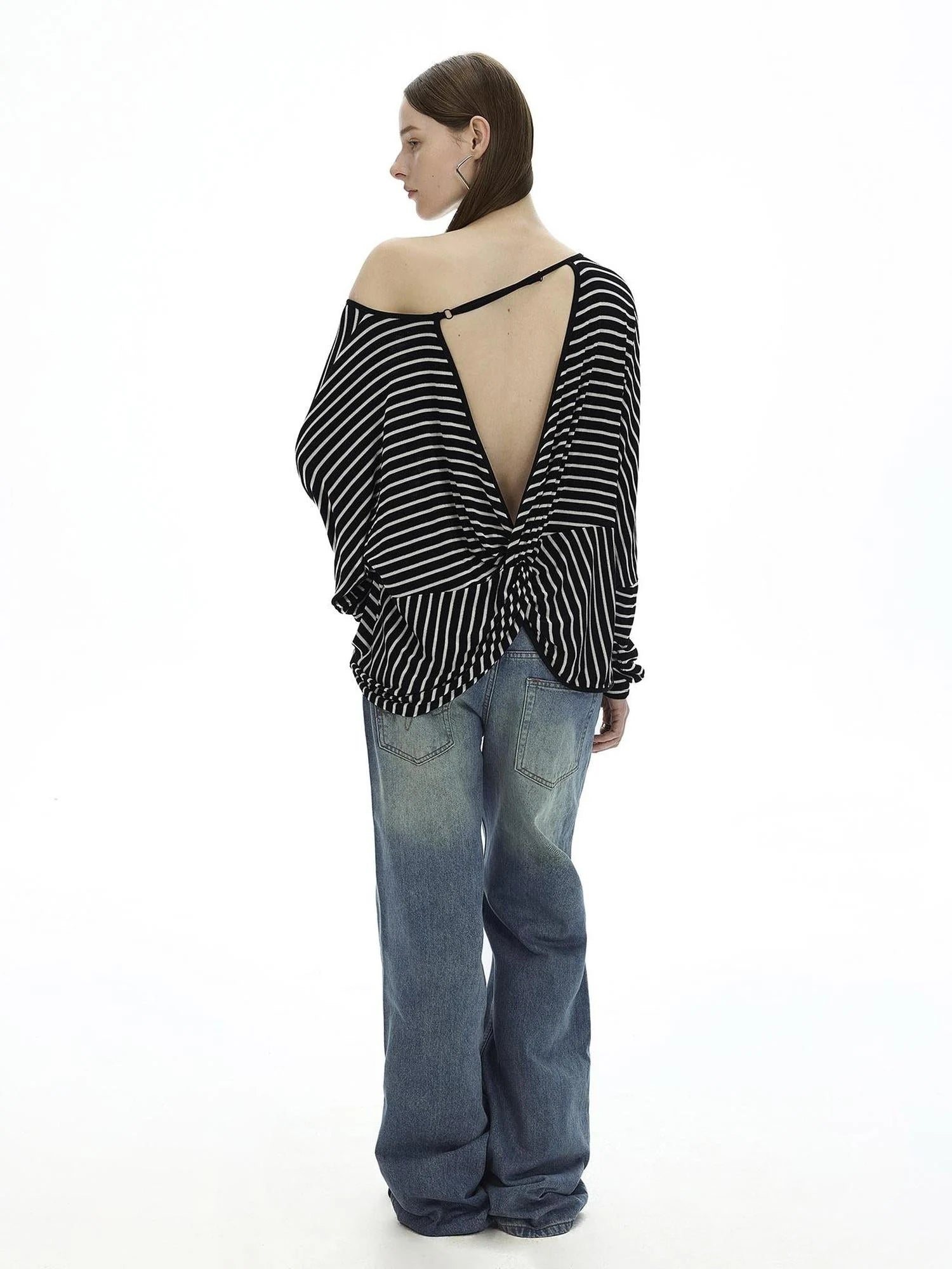 Asymmetric Striped Slub Chiffon Backless Top
