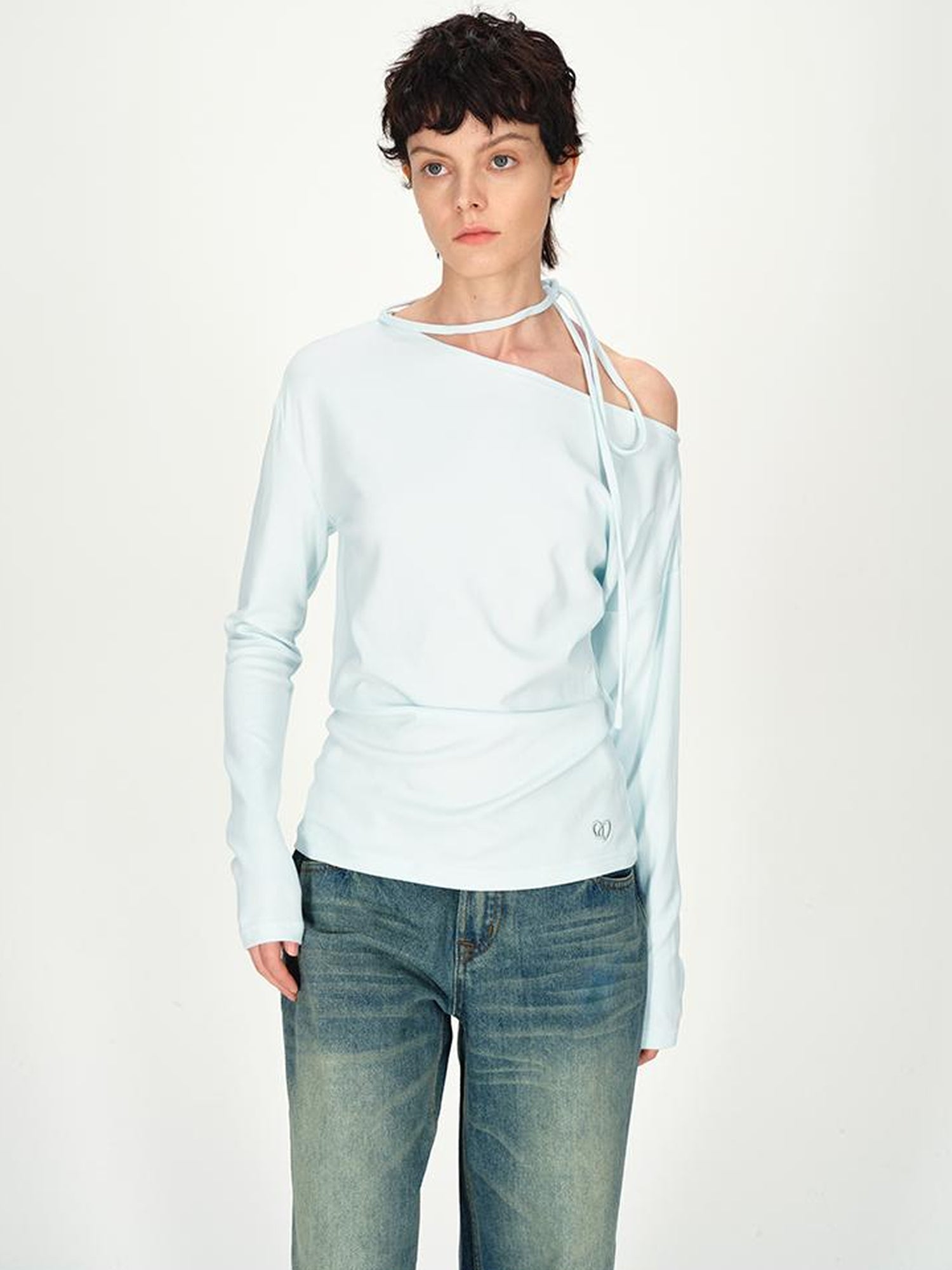 AFTADAWN Asymmetric Tie Waist Textured Slim Fit Top
