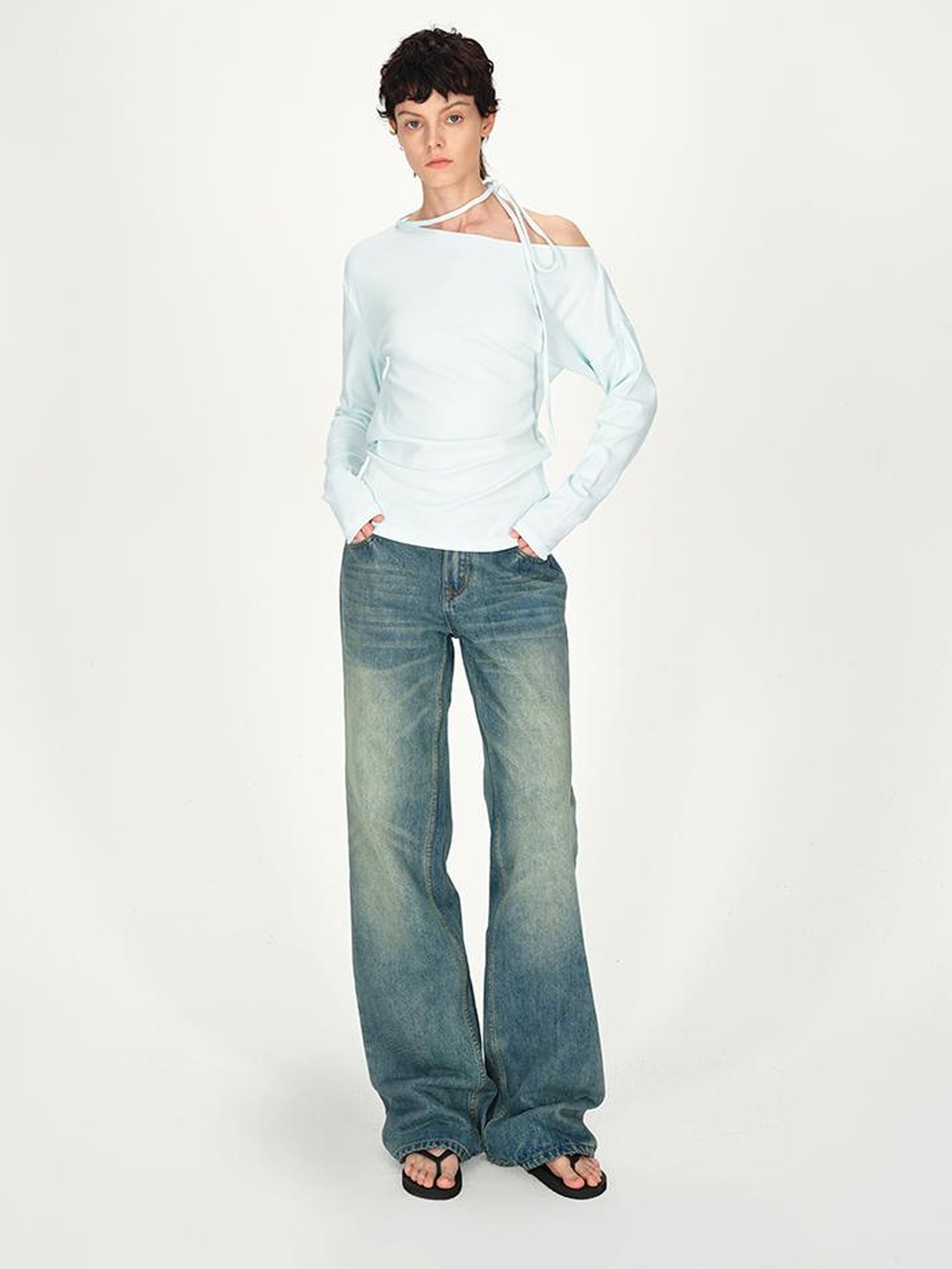 AFTADAWN Asymmetric Tie Waist Textured Slim Fit Top