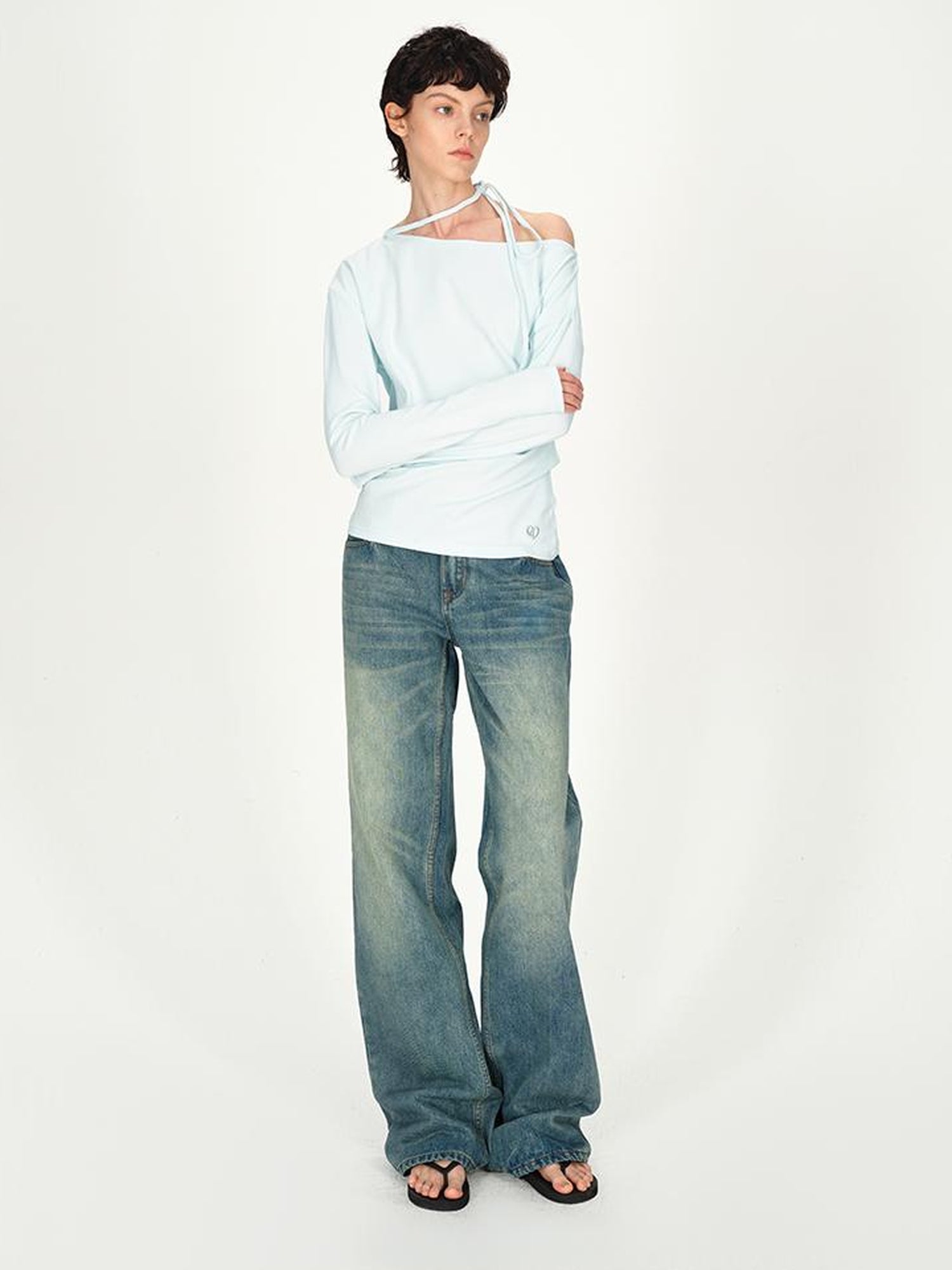 AFTADAWN Asymmetric Tie Waist Textured Slim Fit Top