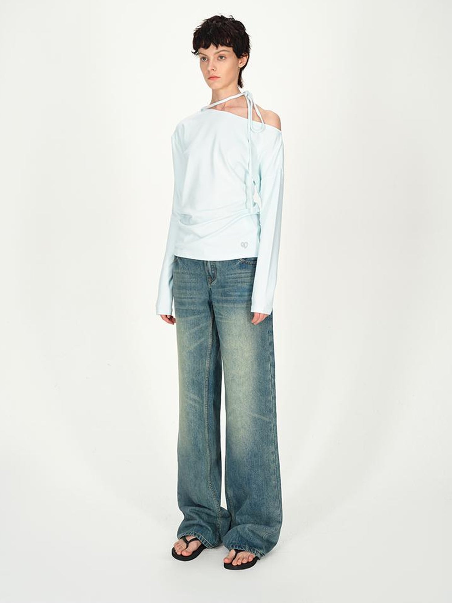 AFTADAWN Asymmetric Tie Waist Textured Slim Fit Top