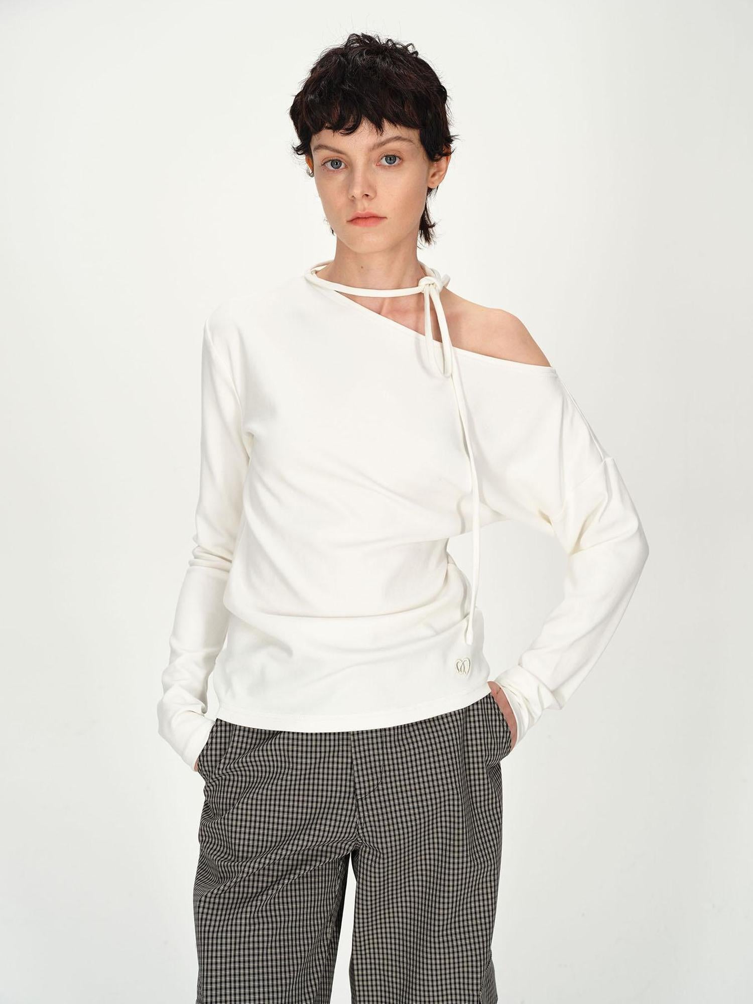 AFTADAWN Asymmetric Tie Waist Textured Slim Fit Top