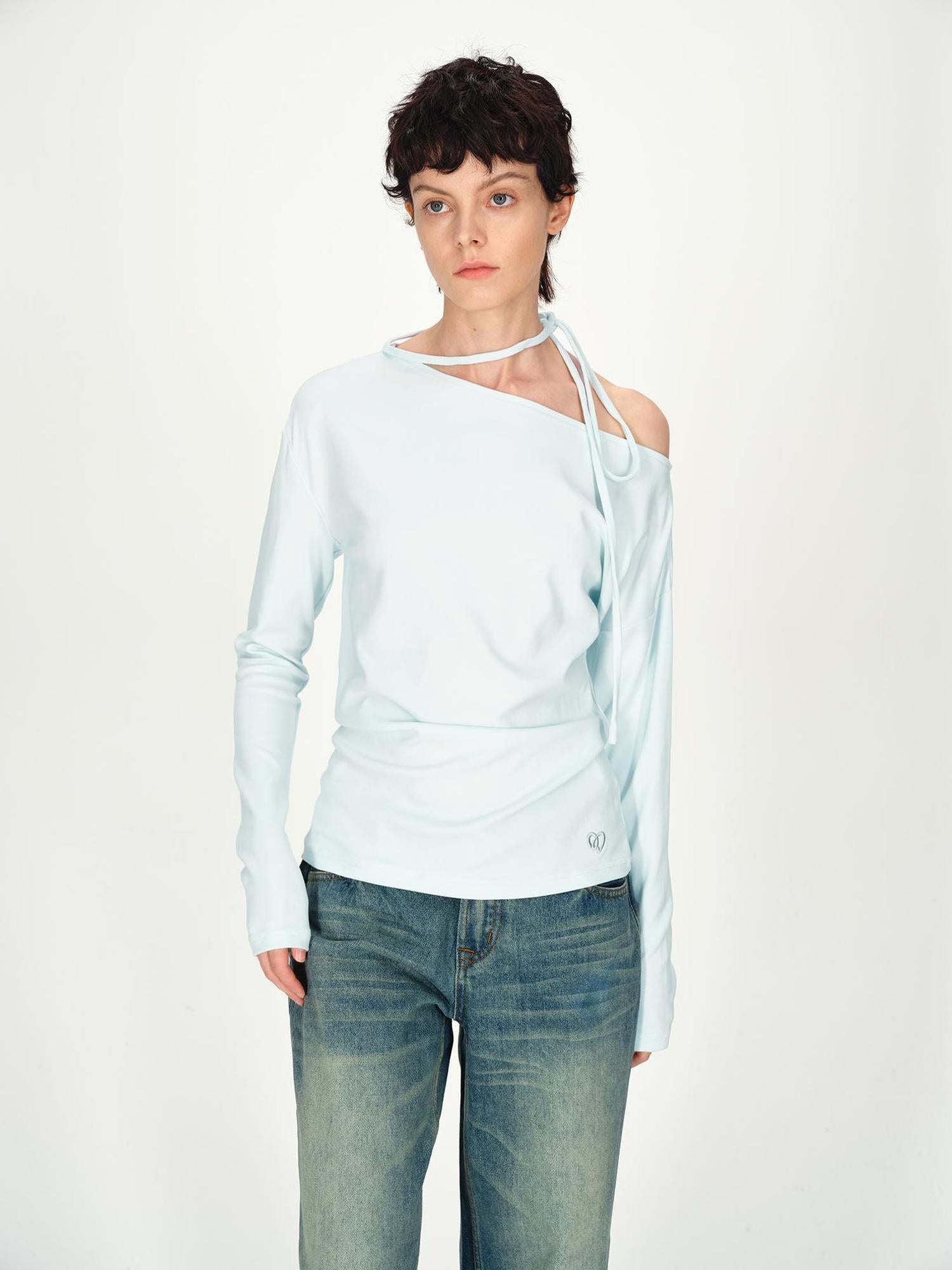AFTADAWN Asymmetric Tie Waist Textured Slim Fit Top