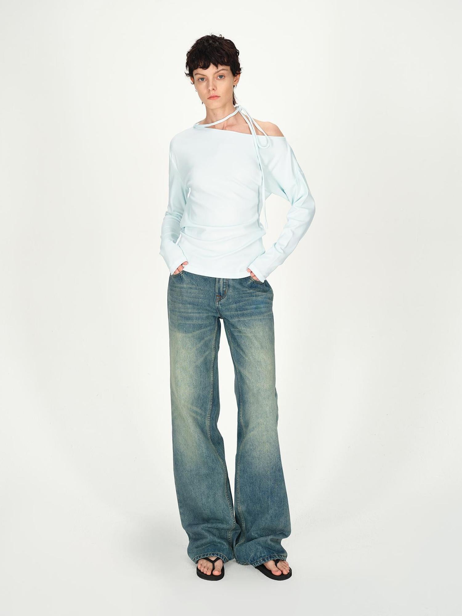 AFTADAWN Asymmetric Tie Waist Textured Slim Fit Top