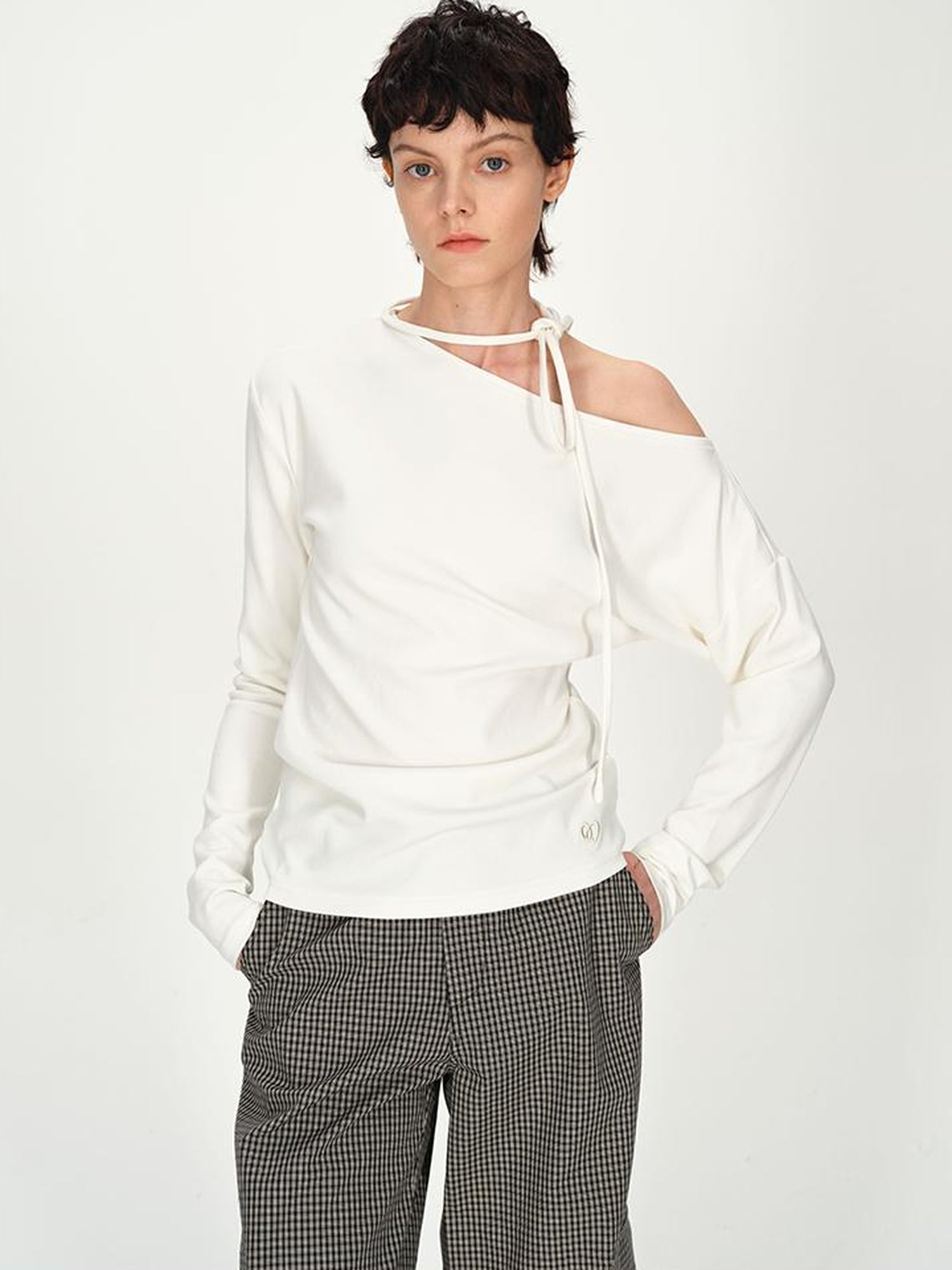 AFTADAWN Asymmetric Tie Waist Textured Slim Fit Top