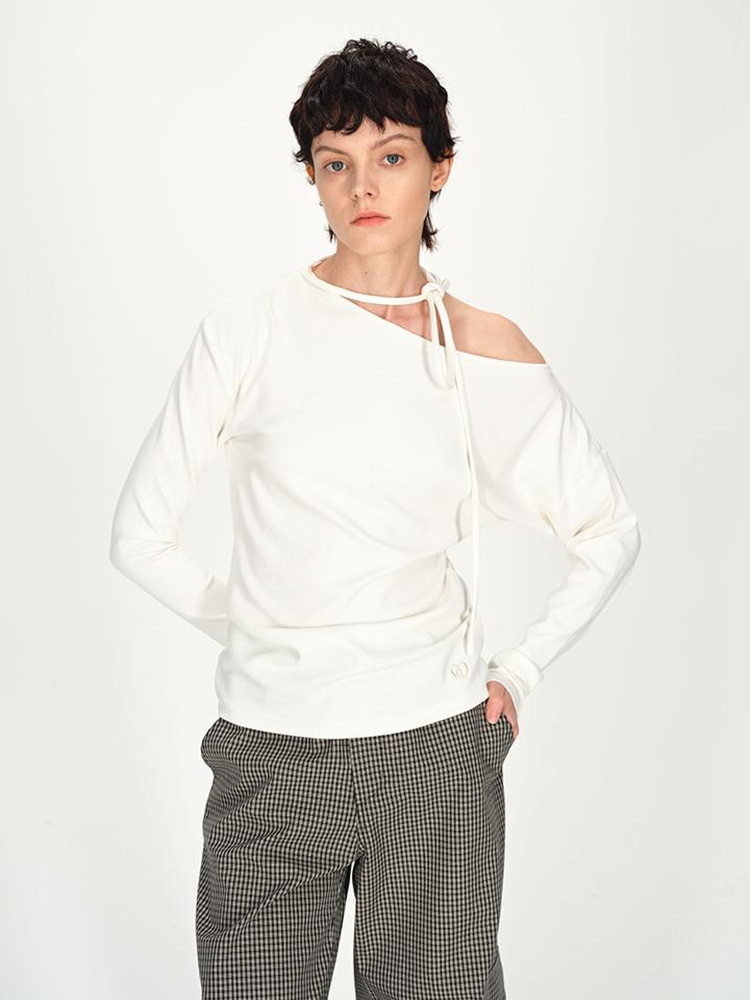 AFTADAWN Asymmetric Tie Waist Textured Slim Fit Top