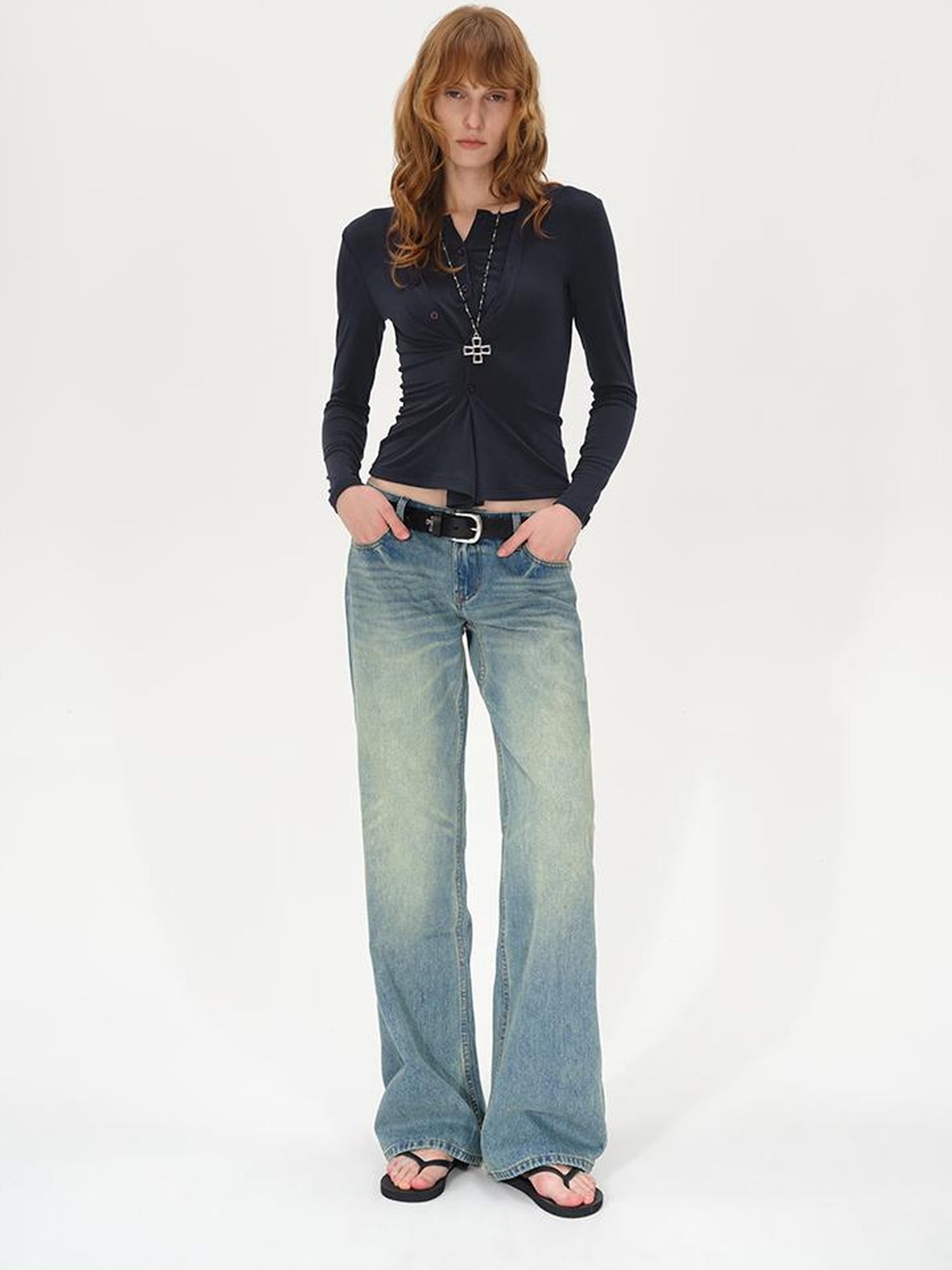 AFTADAWN Asymmetrical Placket Layered Lyocell Top