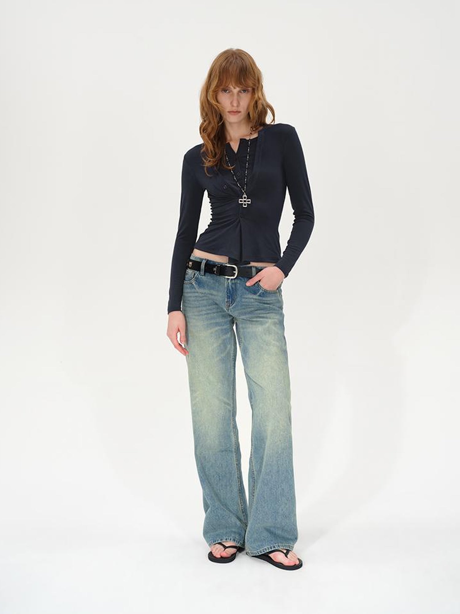 AFTADAWN Asymmetrical Placket Layered Lyocell Top