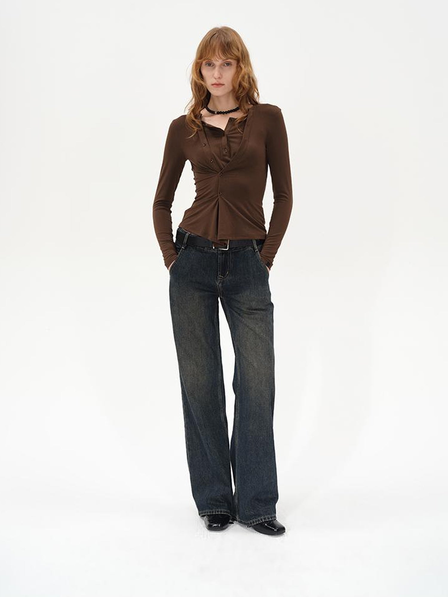 AFTADAWN Asymmetrical Placket Layered Lyocell Top