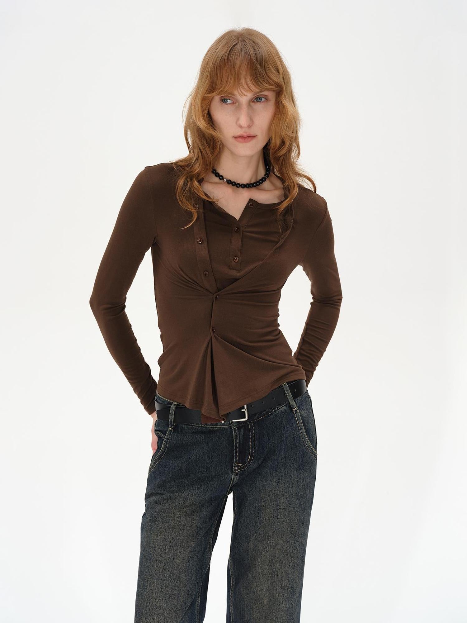 AFTADAWN Asymmetrical Placket Layered Lyocell Top