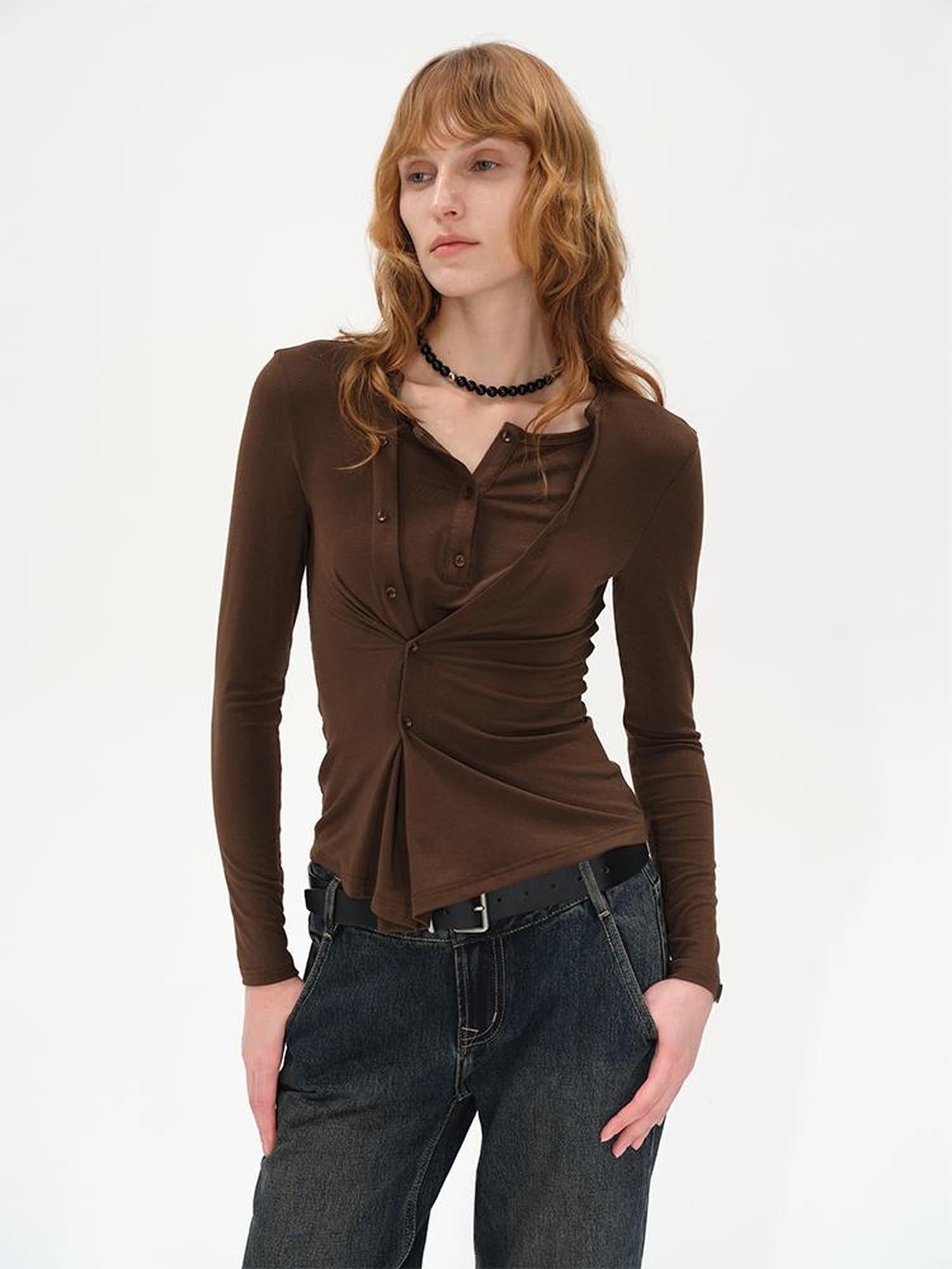 AFTADAWN Asymmetrical Placket Layered Lyocell Top