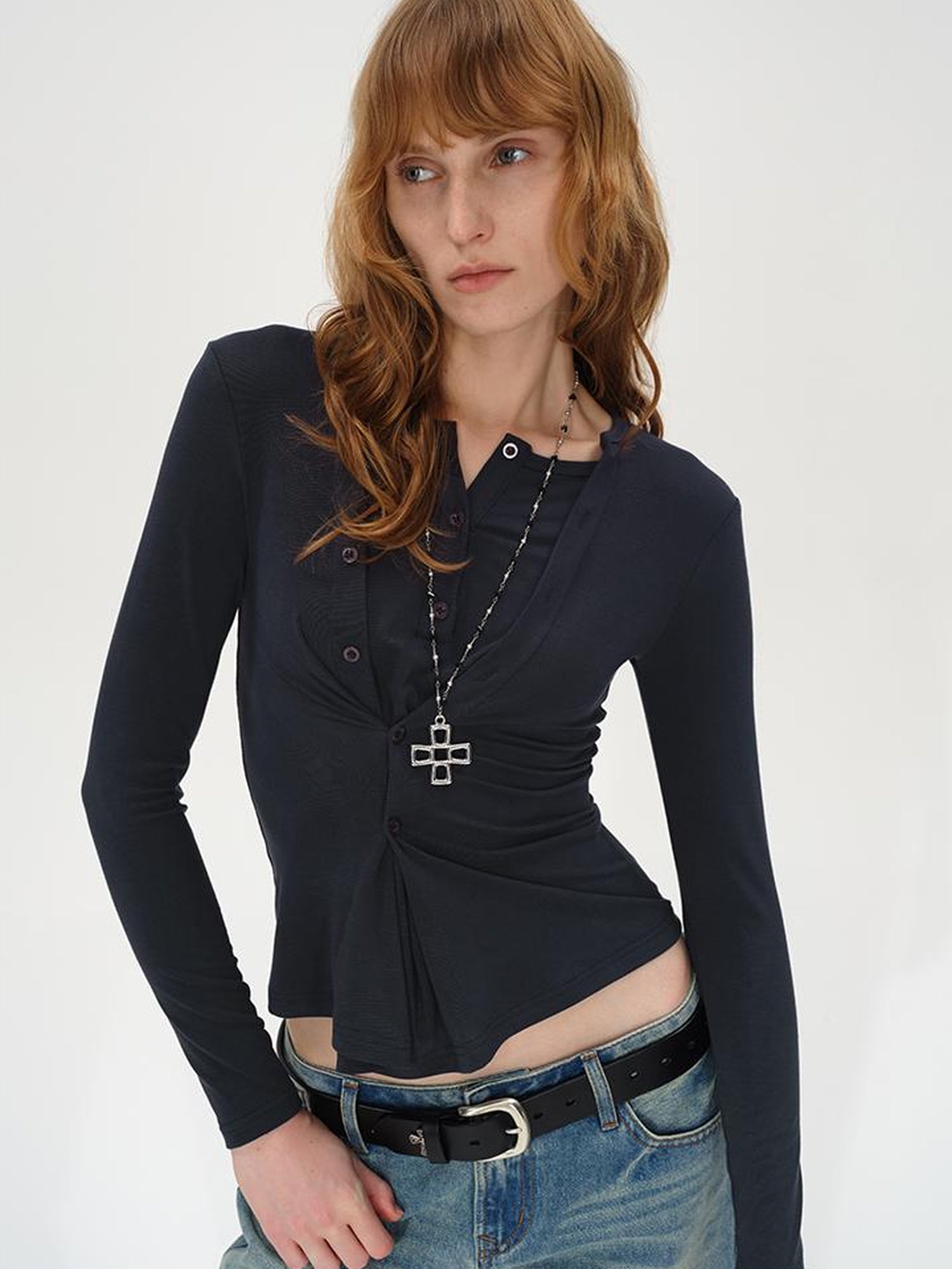 AFTADAWN Asymmetrical Placket Layered Lyocell Top