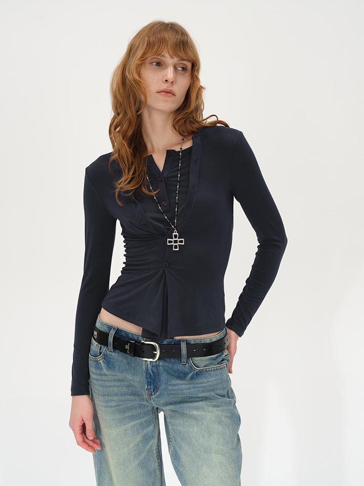AFTADAWN Asymmetrical Placket Layered Lyocell Top