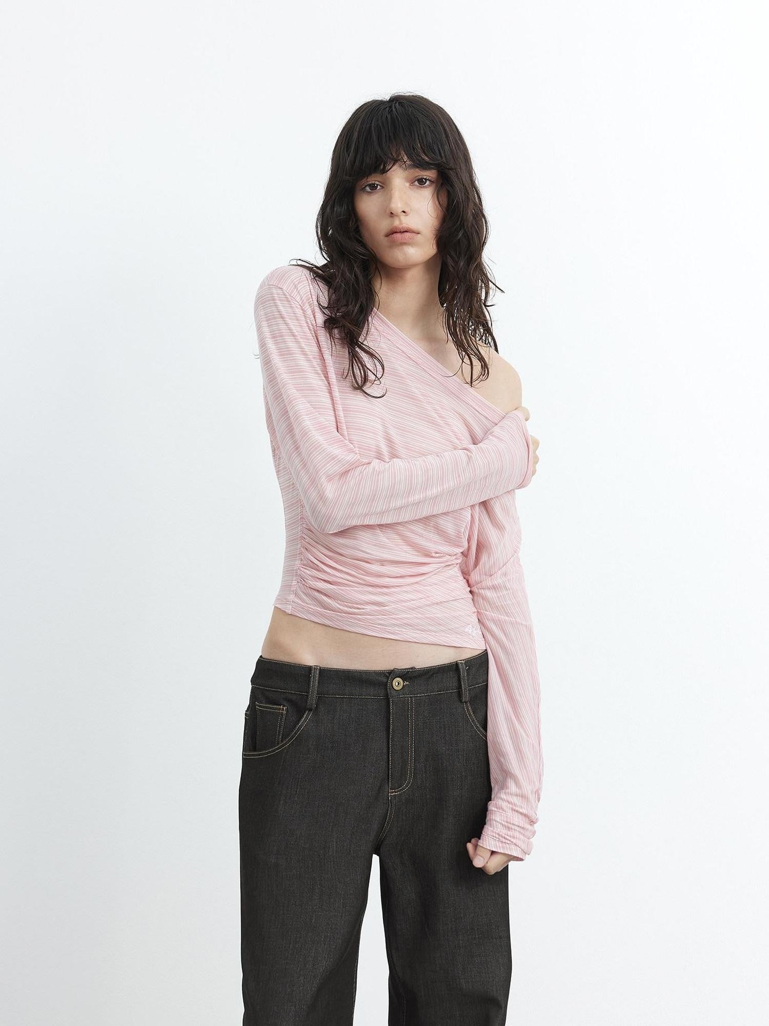 AFTADAWN Asymmetrical Striped Ruched Embroidered Women&