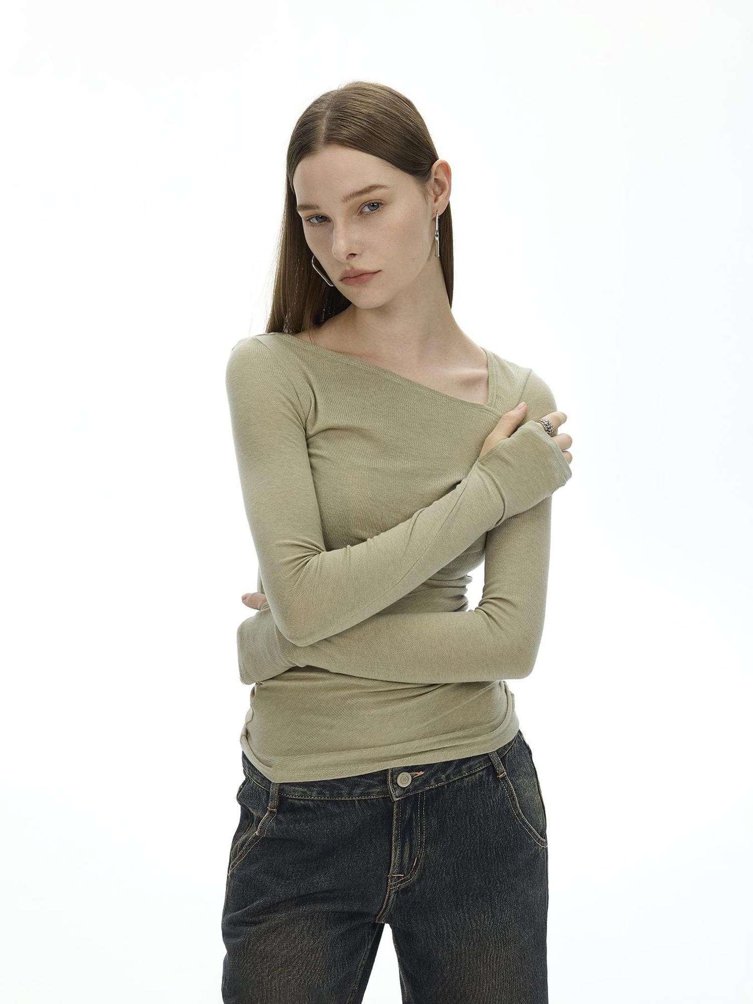 Austrian Tencel Merino Wool Asymmetrical Pleated Long Sleeve Tee