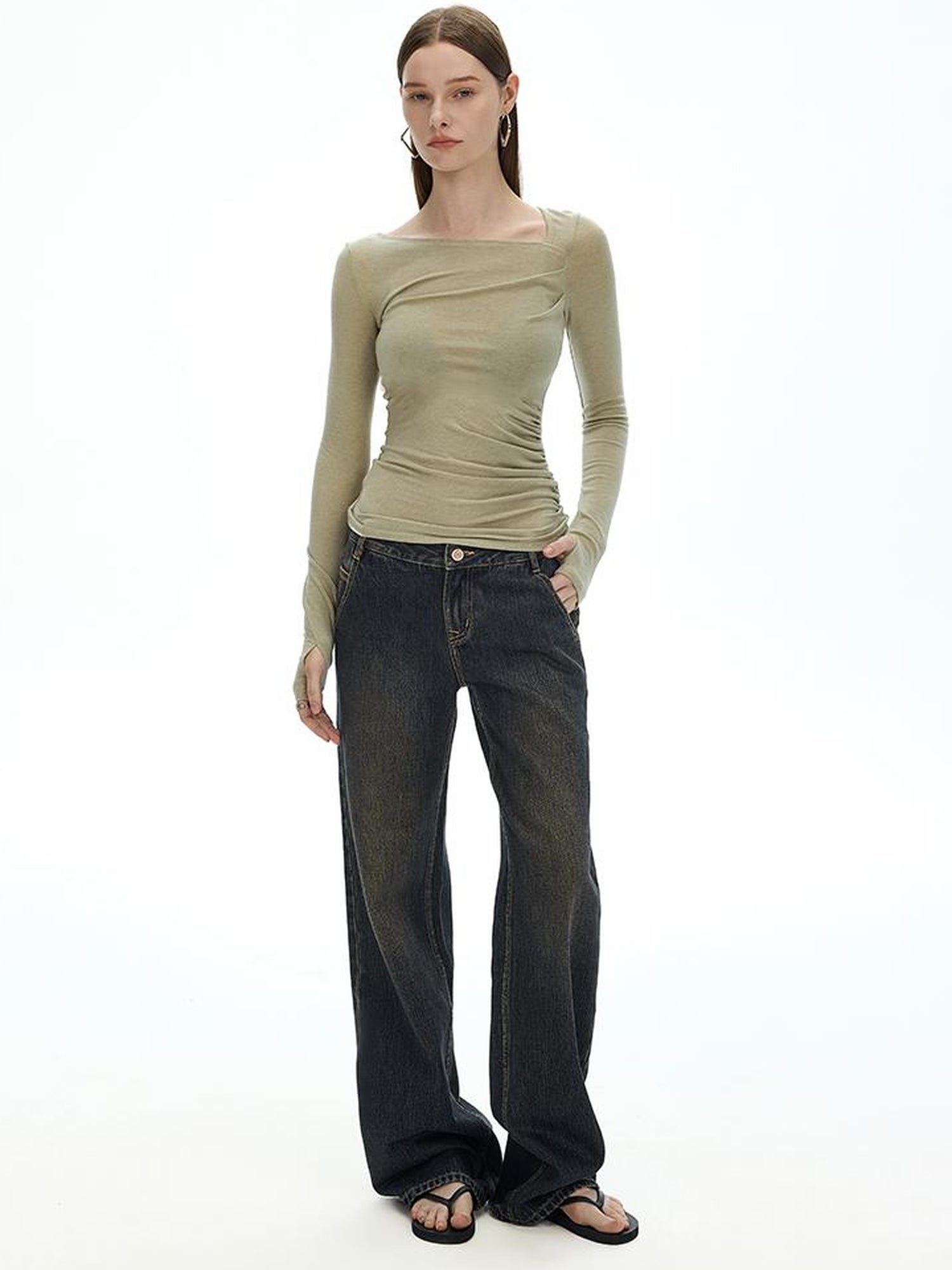 Austrian Tencel Merino Wool Asymmetrical Pleated Long Sleeve Tee