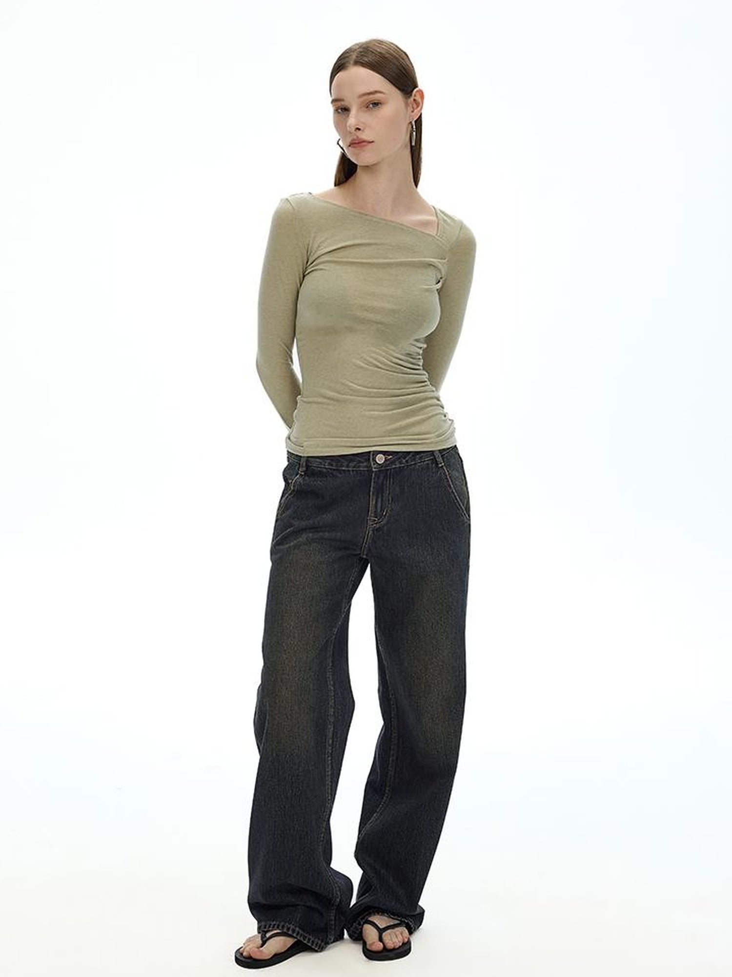 Austrian Tencel Merino Wool Asymmetrical Pleated Long Sleeve Tee
