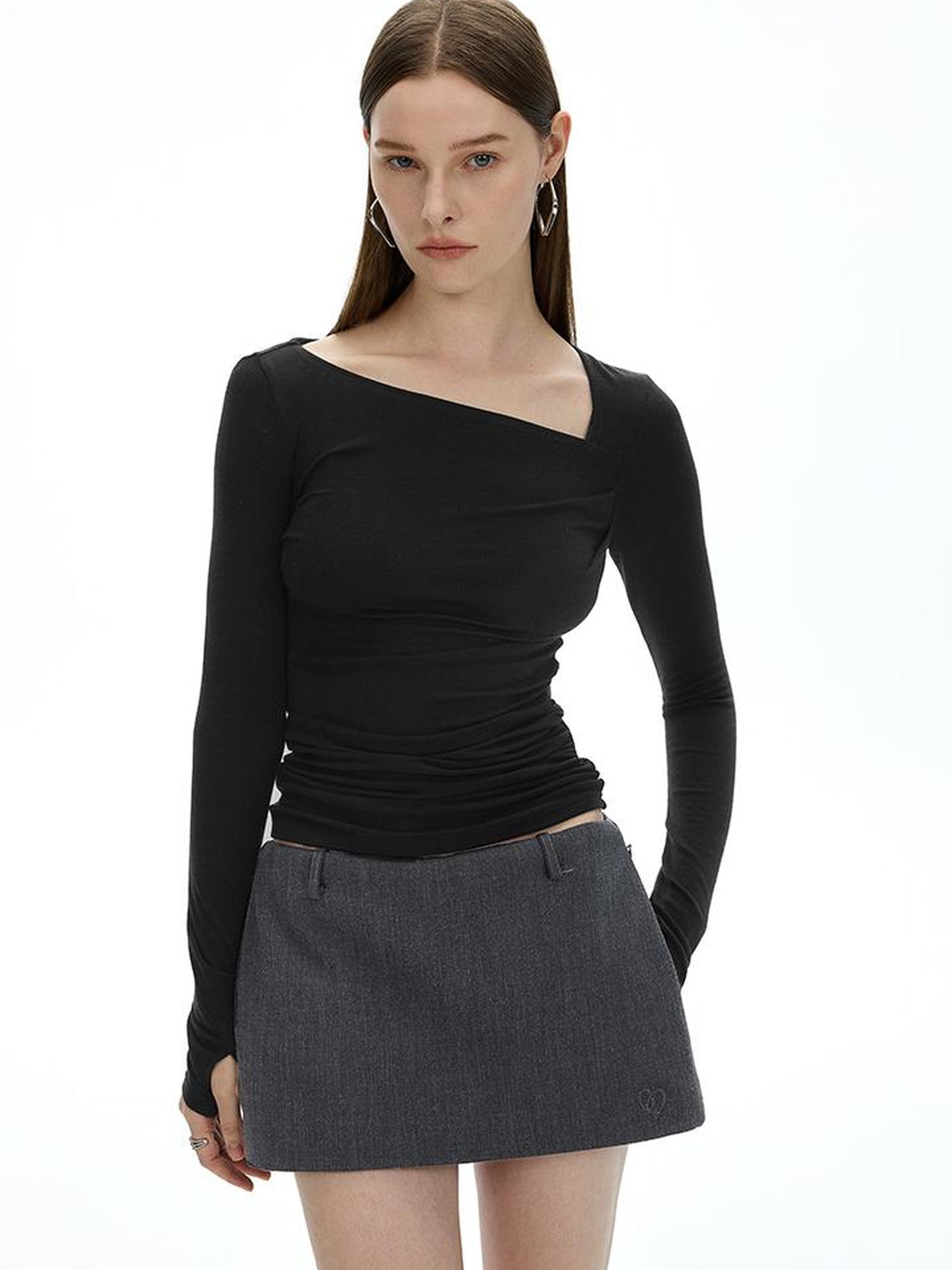 Austrian Tencel Merino Wool Asymmetrical Pleated Long Sleeve Tee