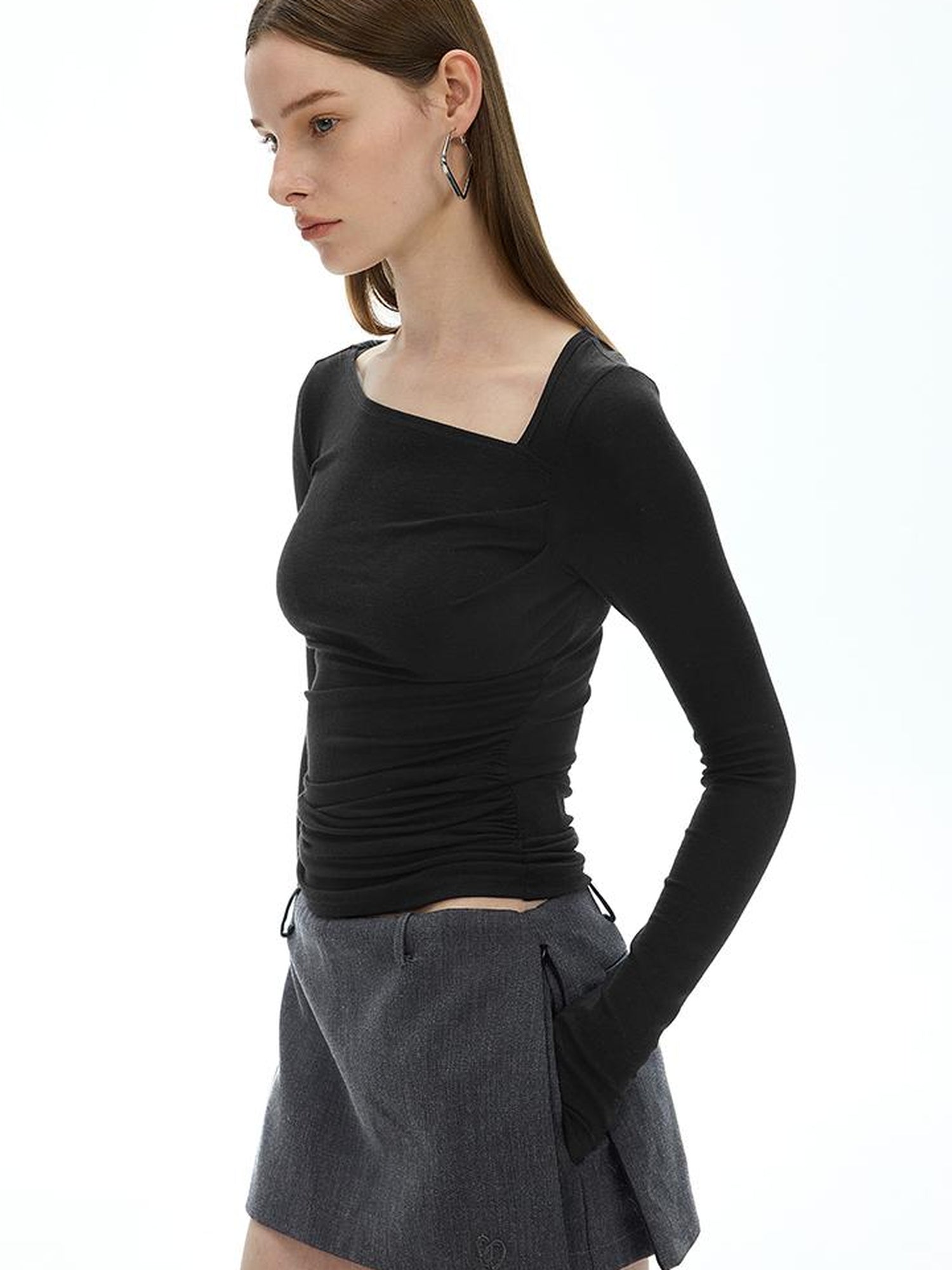 Austrian Tencel Merino Wool Asymmetrical Pleated Long Sleeve Tee