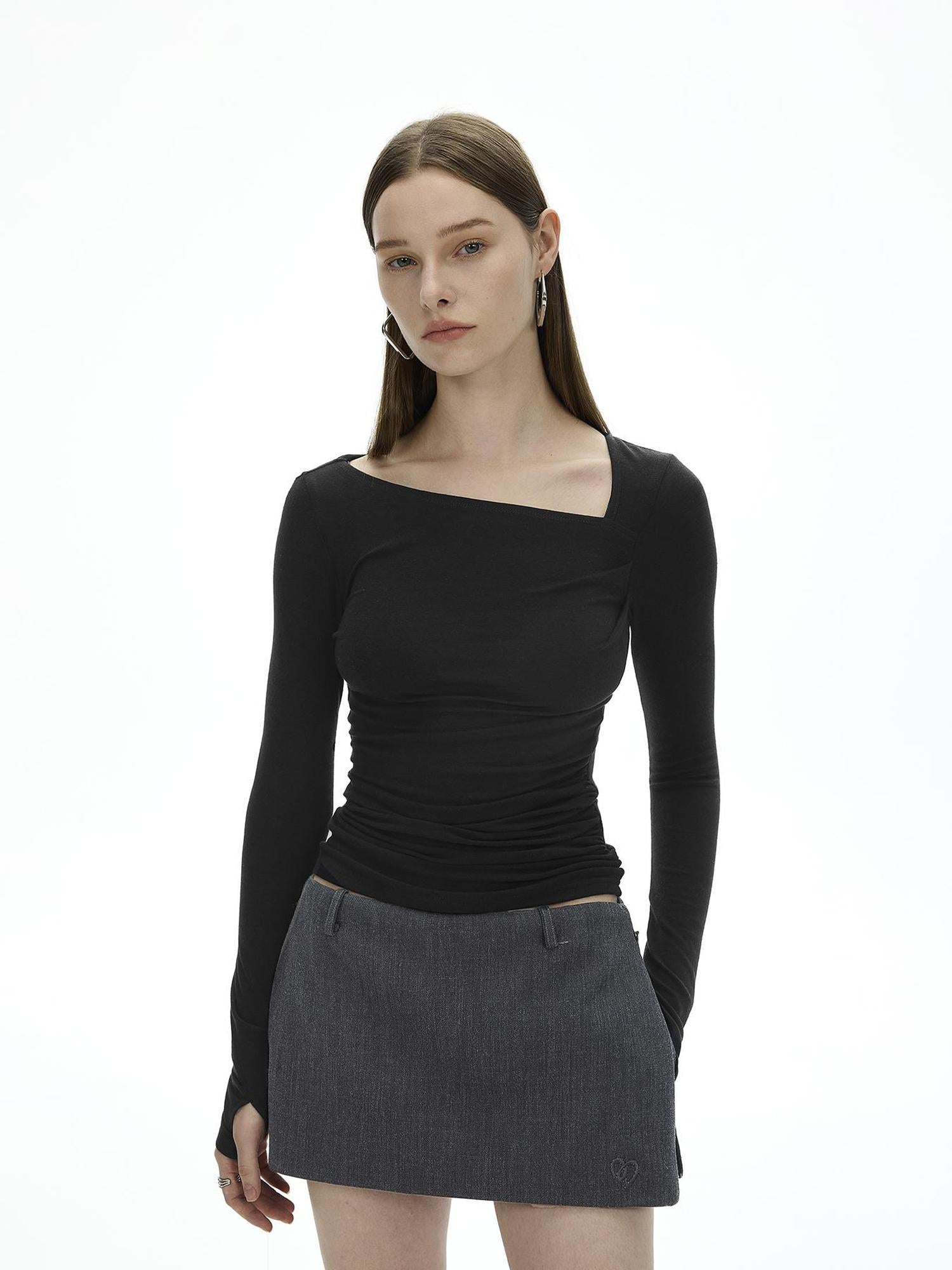 Austrian Tencel Merino Wool Asymmetrical Pleated Long Sleeve Tee