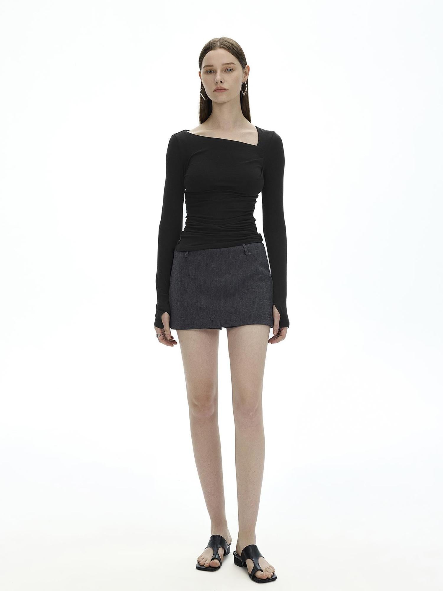 Austrian Tencel Merino Wool Asymmetrical Pleated Long Sleeve Tee