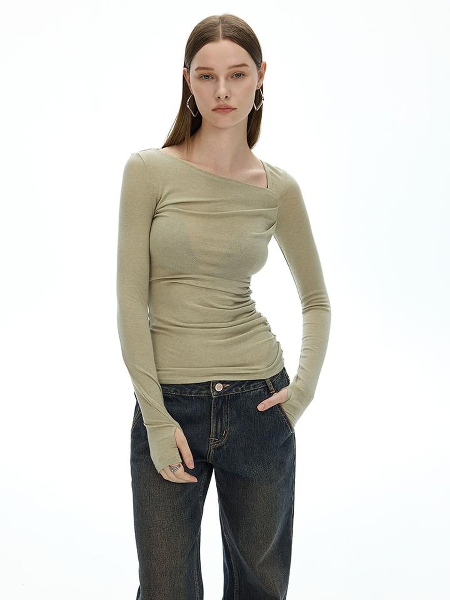 Austrian Tencel Merino Wool Asymmetrical Pleated Long Sleeve Tee