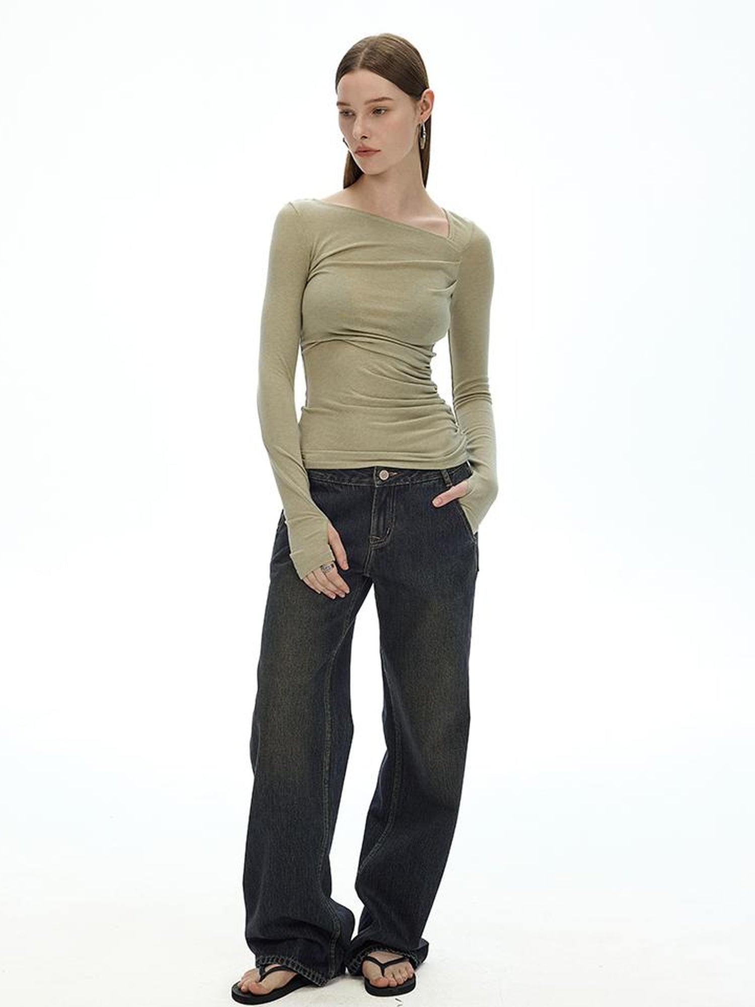 Austrian Tencel Merino Wool Asymmetrical Pleated Long Sleeve Tee