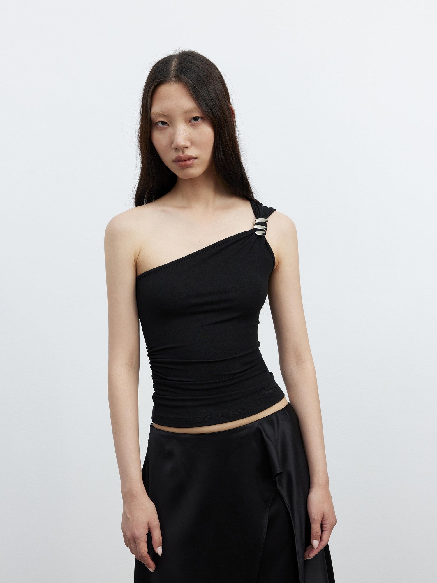 AFTADAWN Backless Asymmetric One Shoulder Metal Buckle Slim Fit Women&