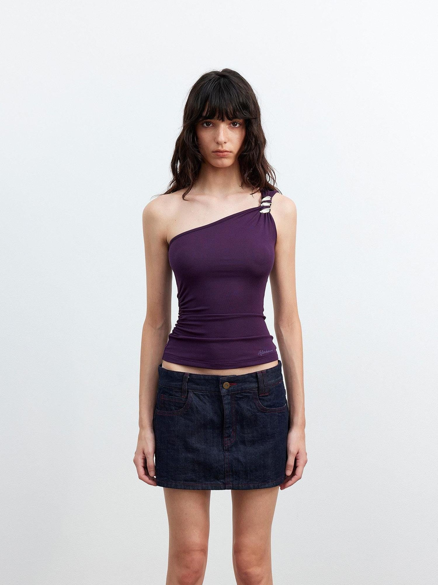 AFTADAWN Backless Asymmetric One Shoulder Metal Buckle Slim Fit Women&