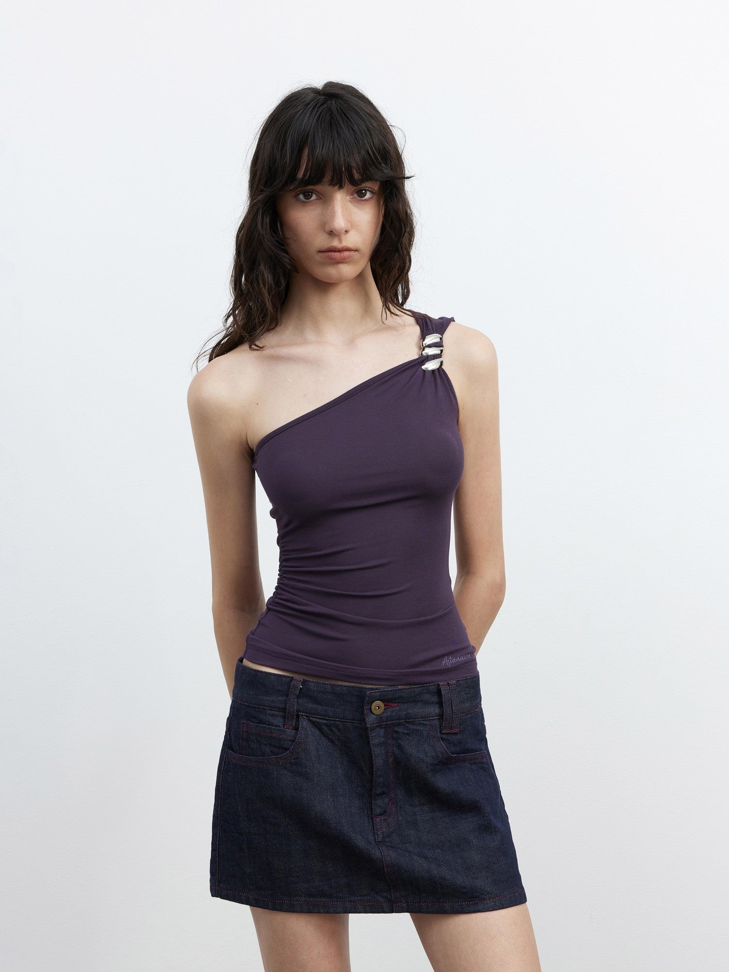 AFTADAWN Backless Asymmetric One Shoulder Metal Buckle Slim Fit Women&