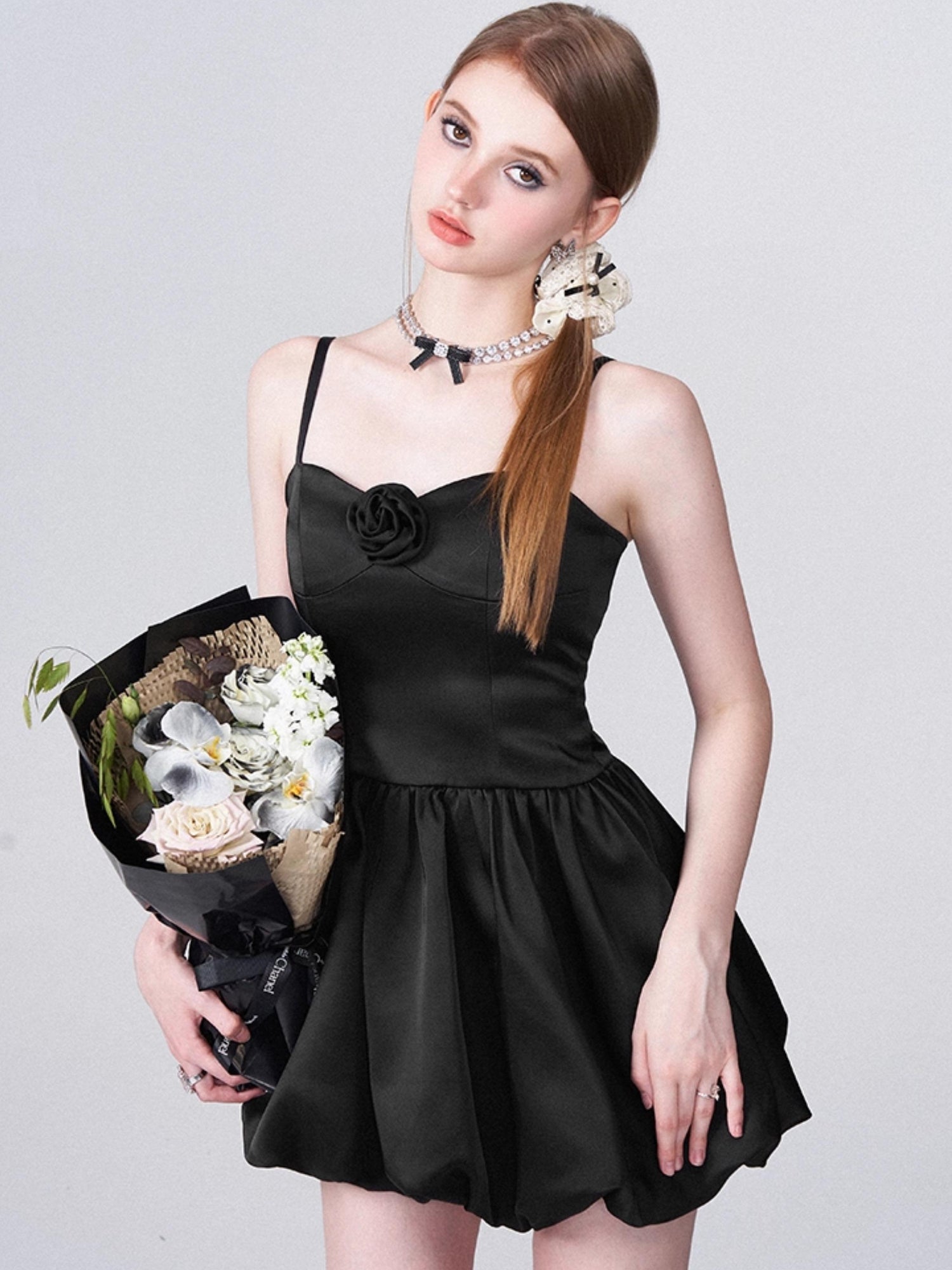 AFTADAWN Ballet Chanson 3D Rose Satin Waist Defining Bloom Dress