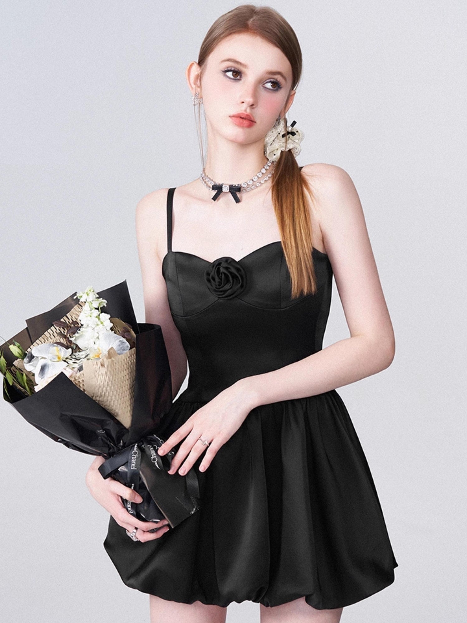 AFTADAWN Ballet Chanson 3D Rose Satin Waist Defining Bloom Dress