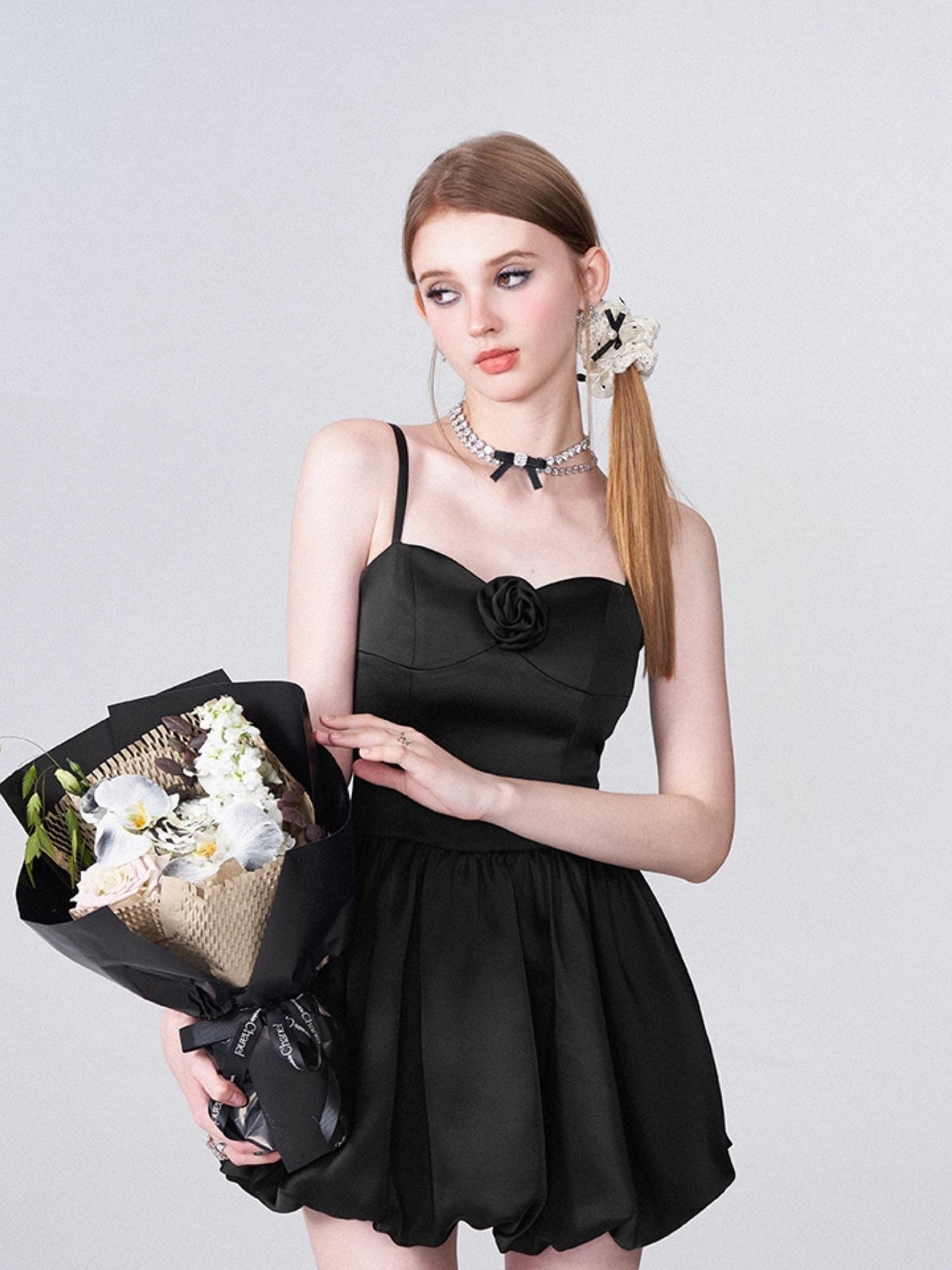 AFTADAWN Ballet Chanson 3D Rose Satin Waist Defining Bloom Dress