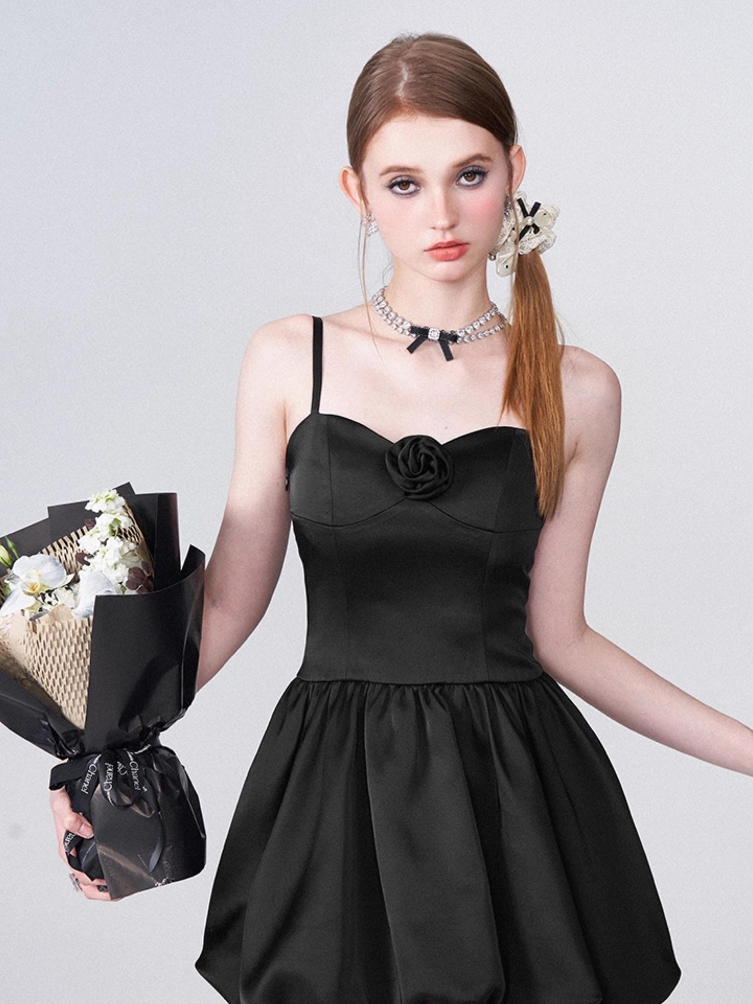 AFTADAWN Ballet Chanson 3D Rose Satin Waist Defining Bloom Dress