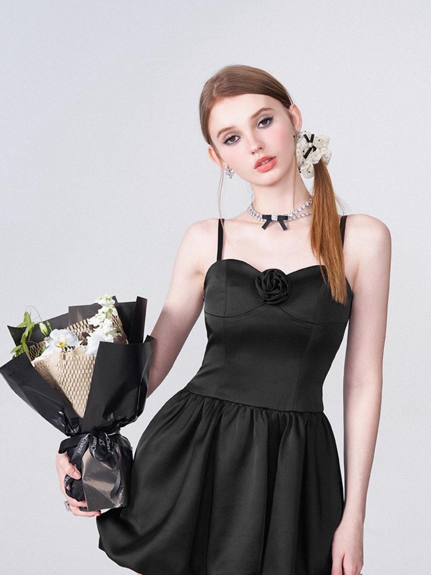 AFTADAWN Ballet Chanson 3D Rose Satin Waist Defining Bloom Dress