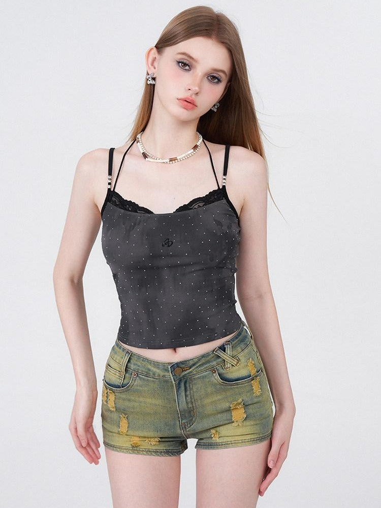 AFTADAWN Batik Distressed Lace Halter Faux Two Layer Rhinestone Women&