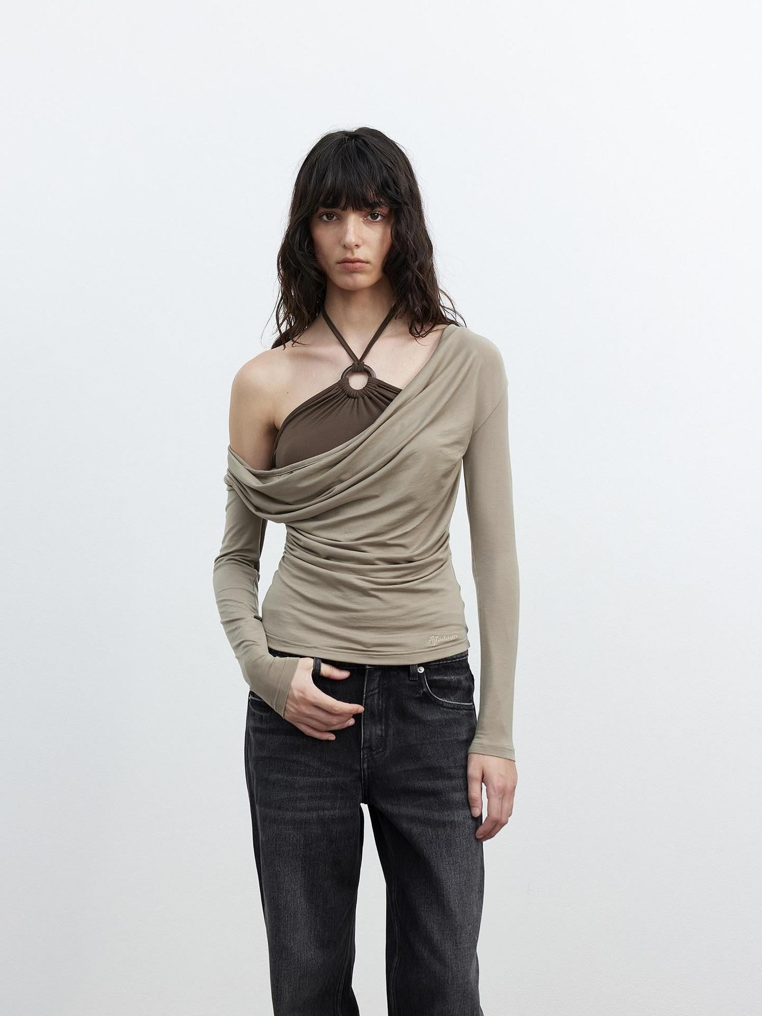AFTADAWN Beaded Colorblock Halter Faux Layered Slim Women&