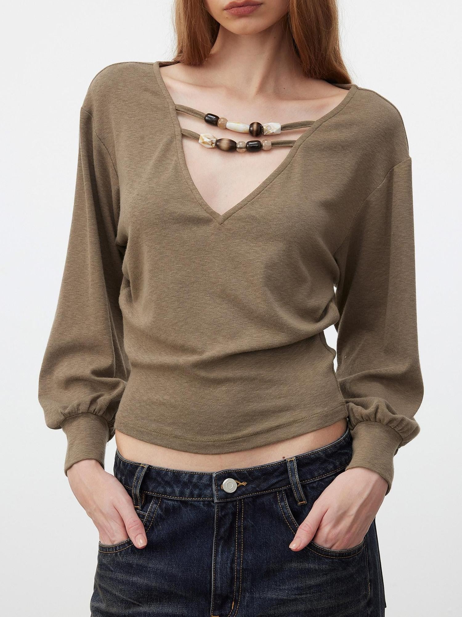 AFTADAWN Beaded Cutout Deep V Women&