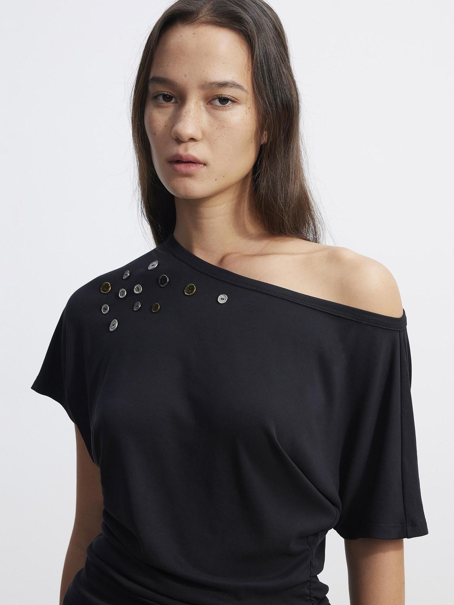 AFTADAWN Black Asymmetric Button Pleated Embroidered Women&