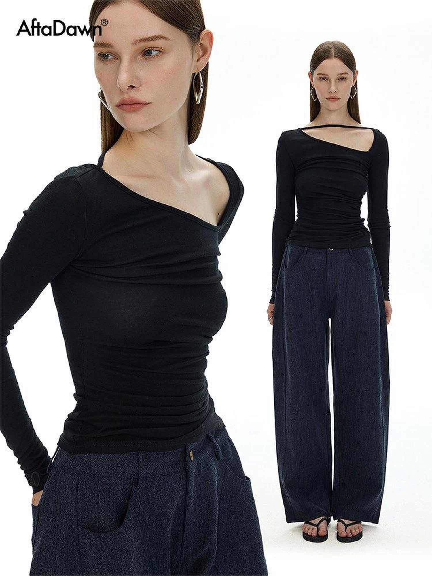 AFTADAWN Black Asymmetric Slanted Collar Ruched Women&