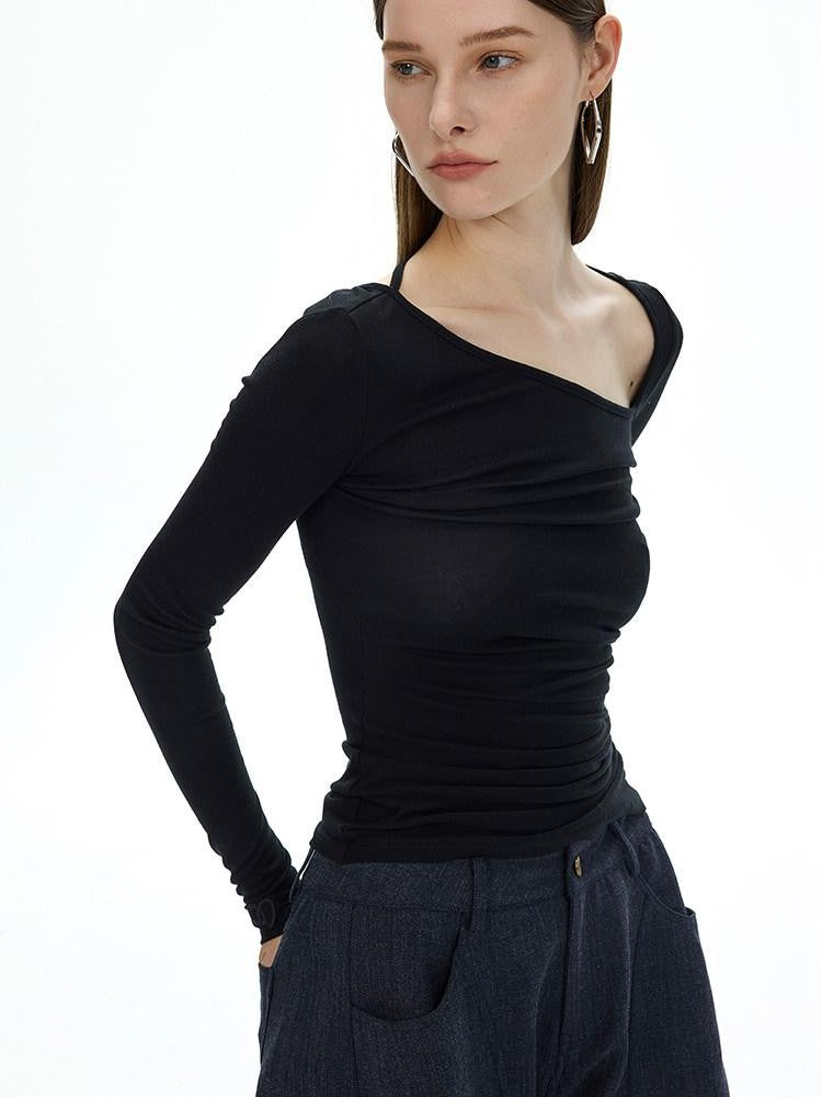 AFTADAWN Black Asymmetric Slanted Collar Ruched Women&